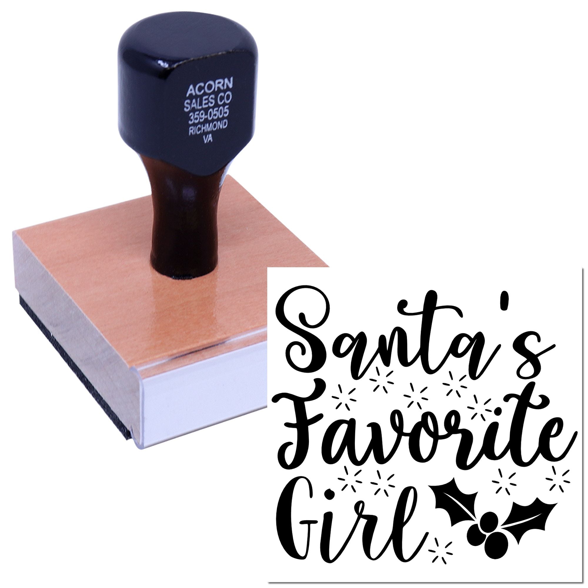 Custom rubber stamp with Santas Favorite Girl holiday design, shown on a wooden handle stamp block.