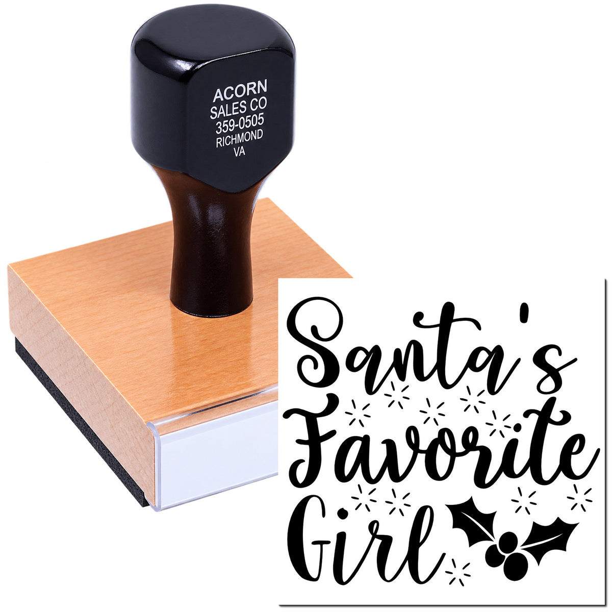 Custom rubber stamp with Santas Favorite Girl holiday design, shown on a wooden handle stamp block.