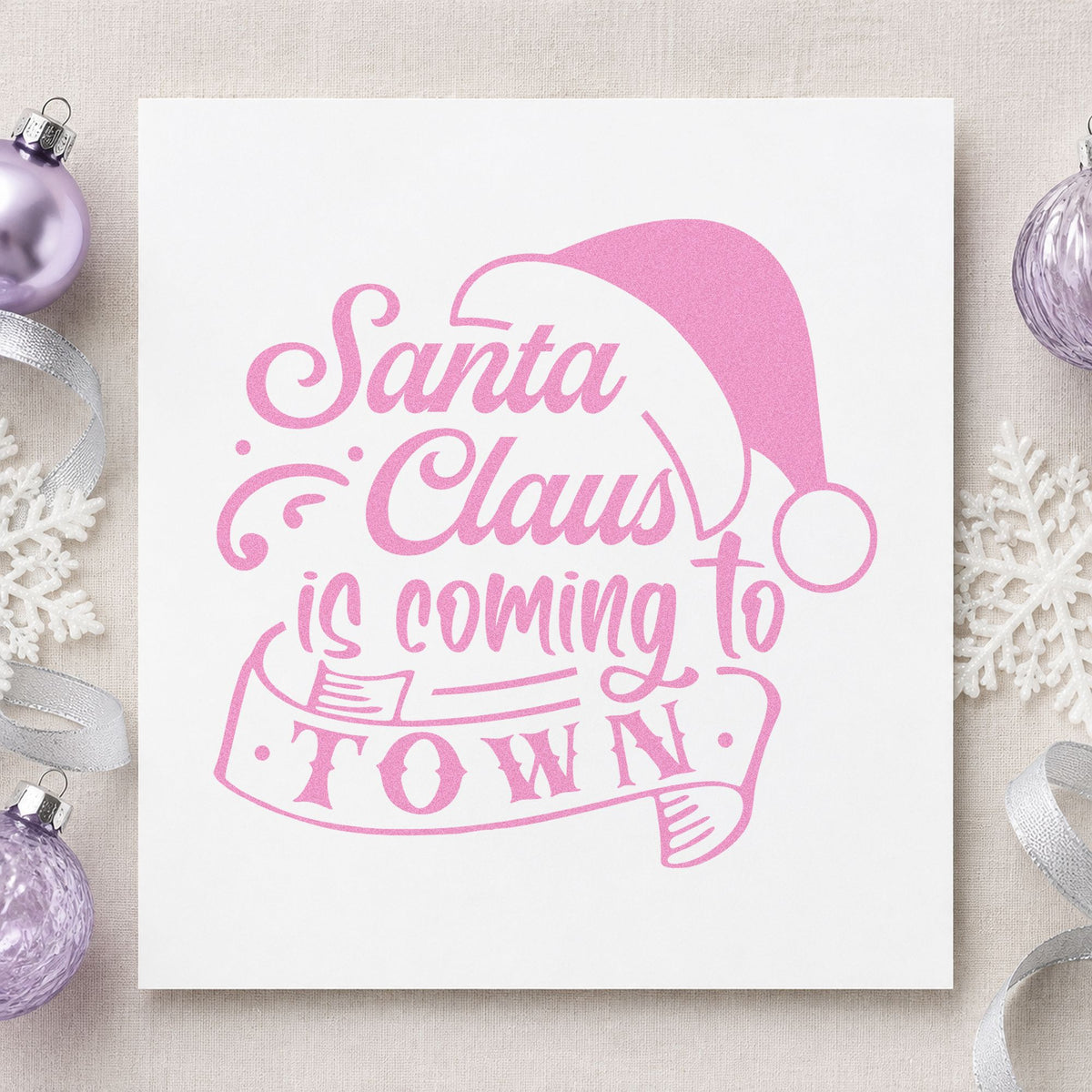 Santa Claus Coming To Town craft stamp in purple ink on cardstock, an easy option for event album page.