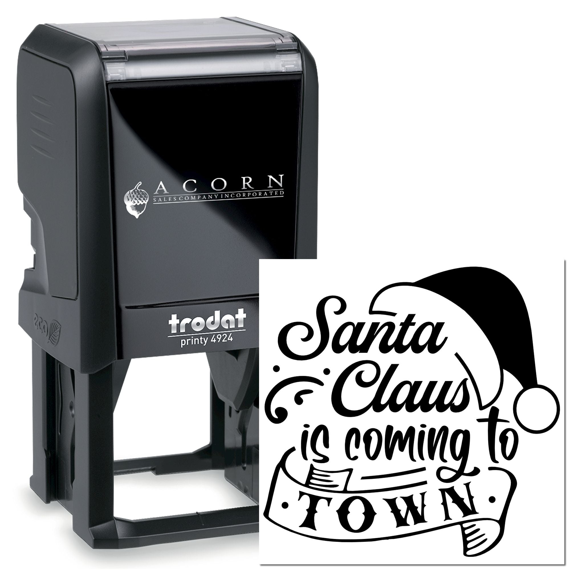 Trodat Printy 4924 self-inking rubber stamp with personalized Santa Claus is Coming to Town holiday imprint.