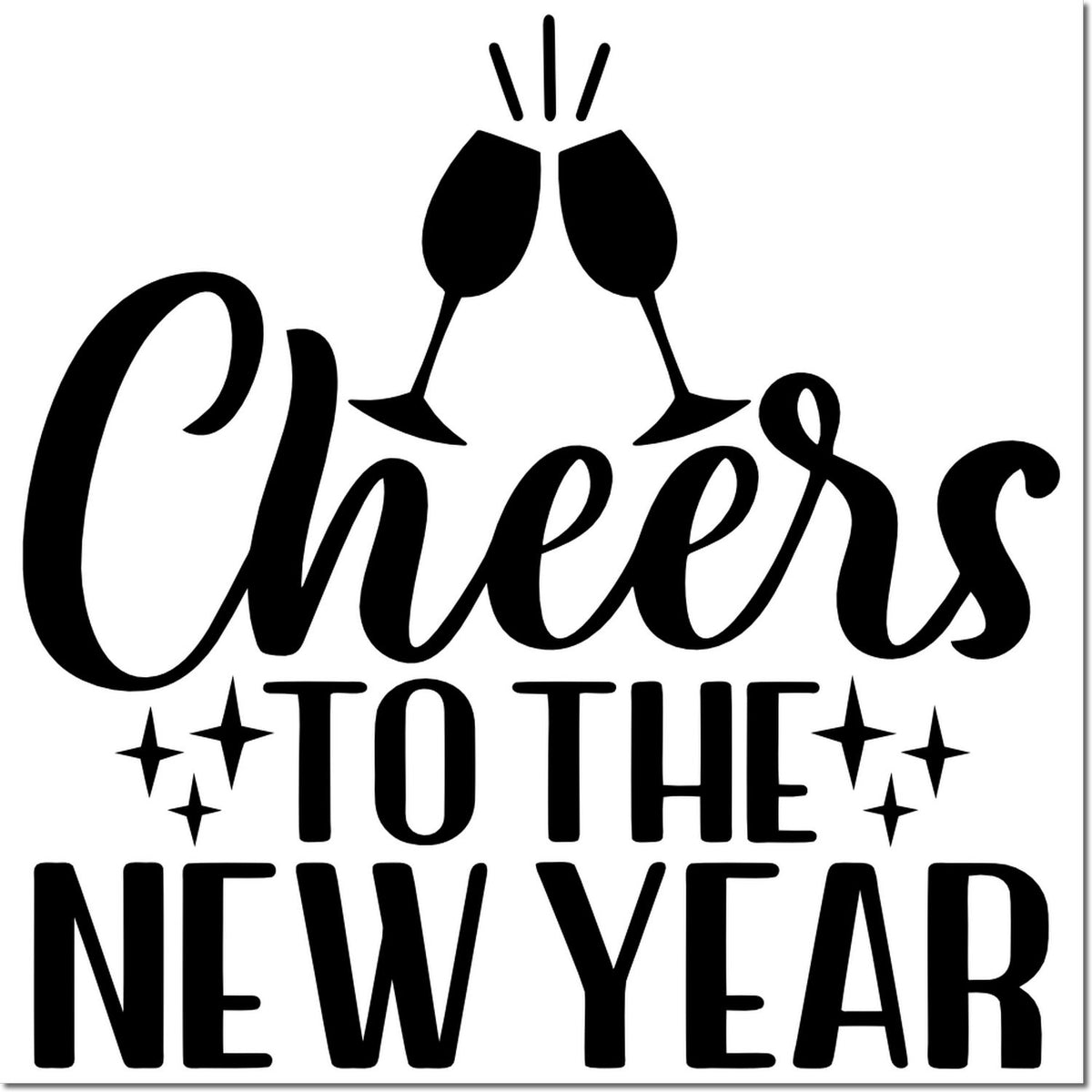Cheers to the New Year rubber stamp design with clinking champagne glasses and festive stars.