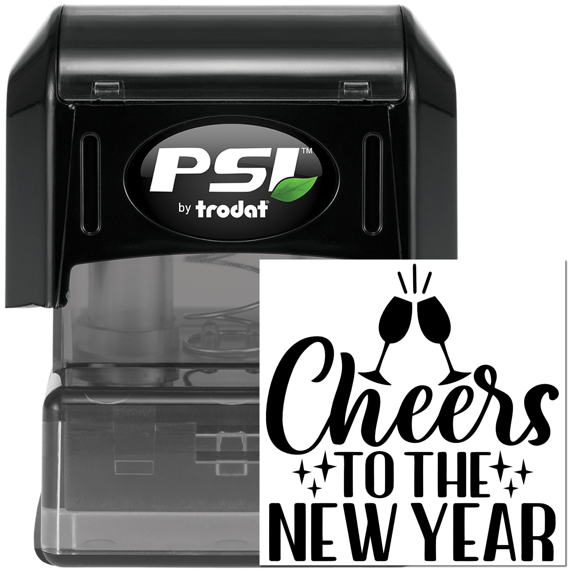 PSI by Trodat self-inking rubber stamp with Cheers to the New Year design for festive holiday cards and crafts.