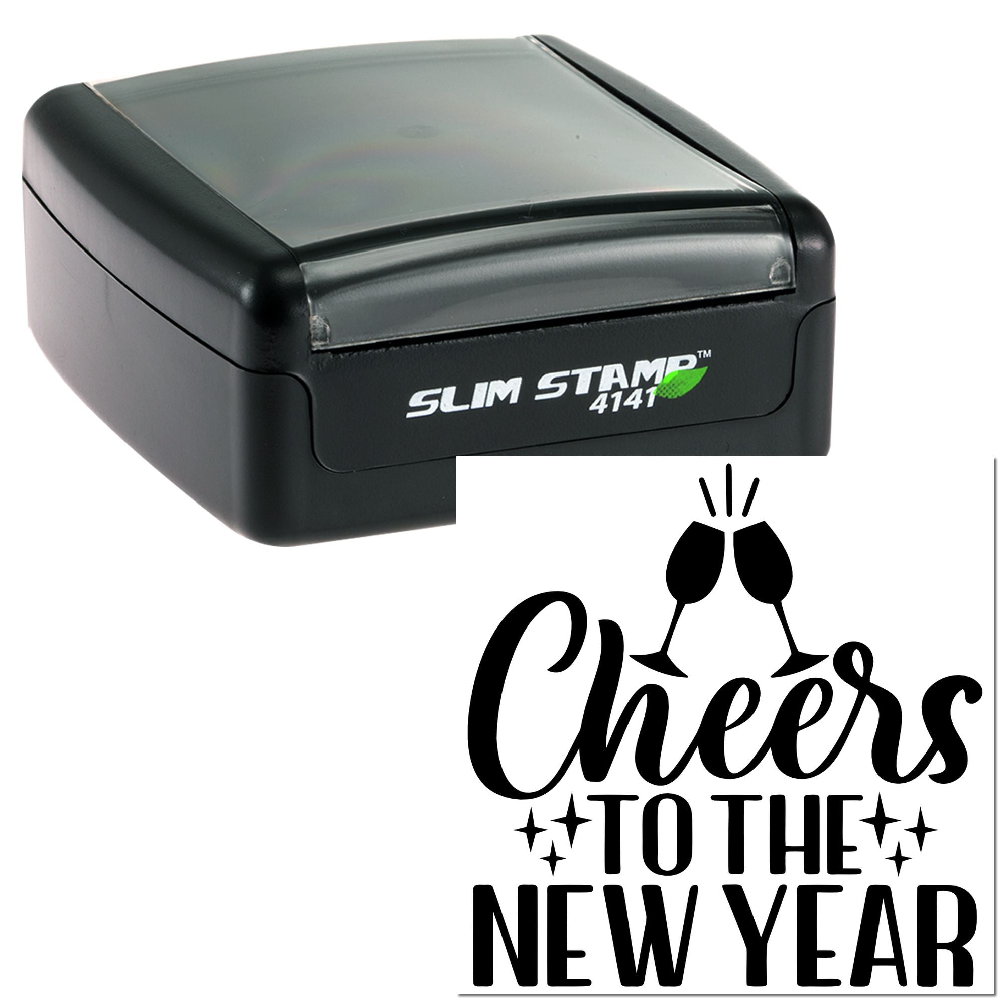Self-inking rubber stamp with Cheers to the New Year design and champagne glasses, ideal for holiday cards and event branding.