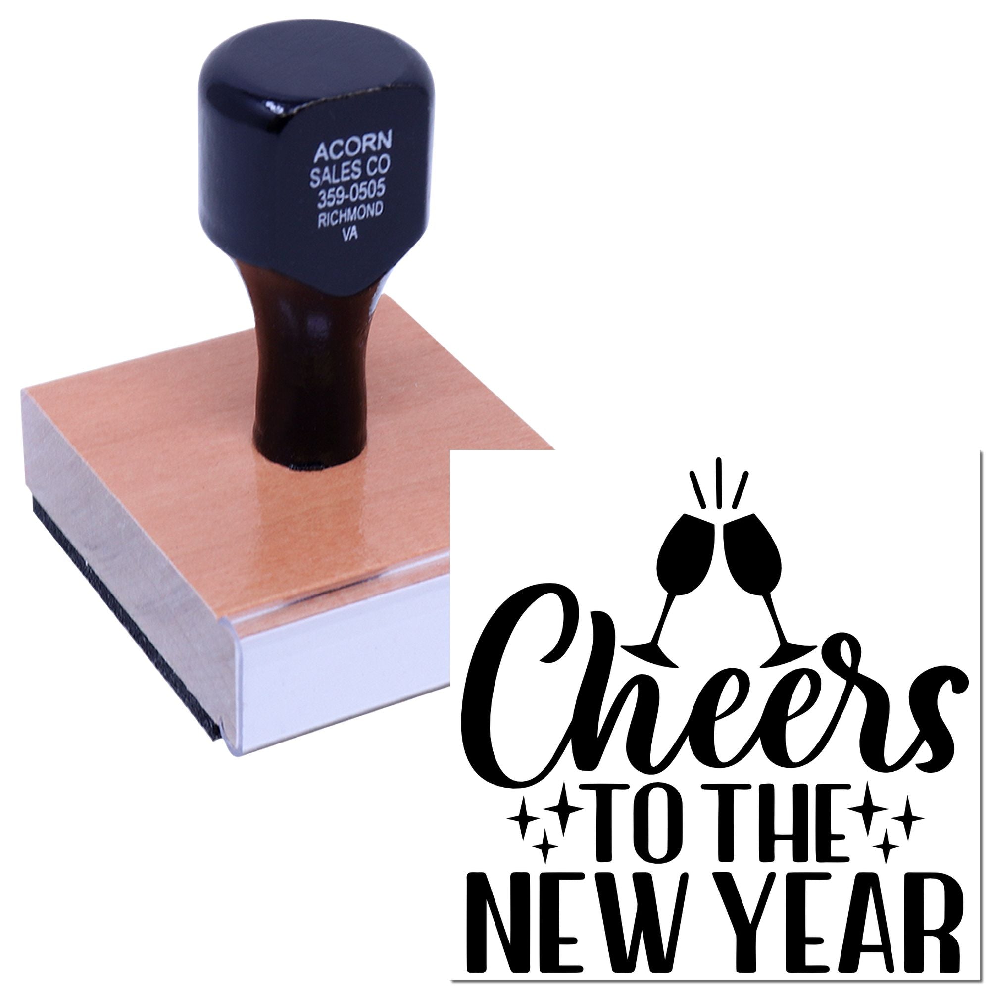 Custom holiday rubber stamp featuring Cheers to the New Year text and clinking champagne glasses design.