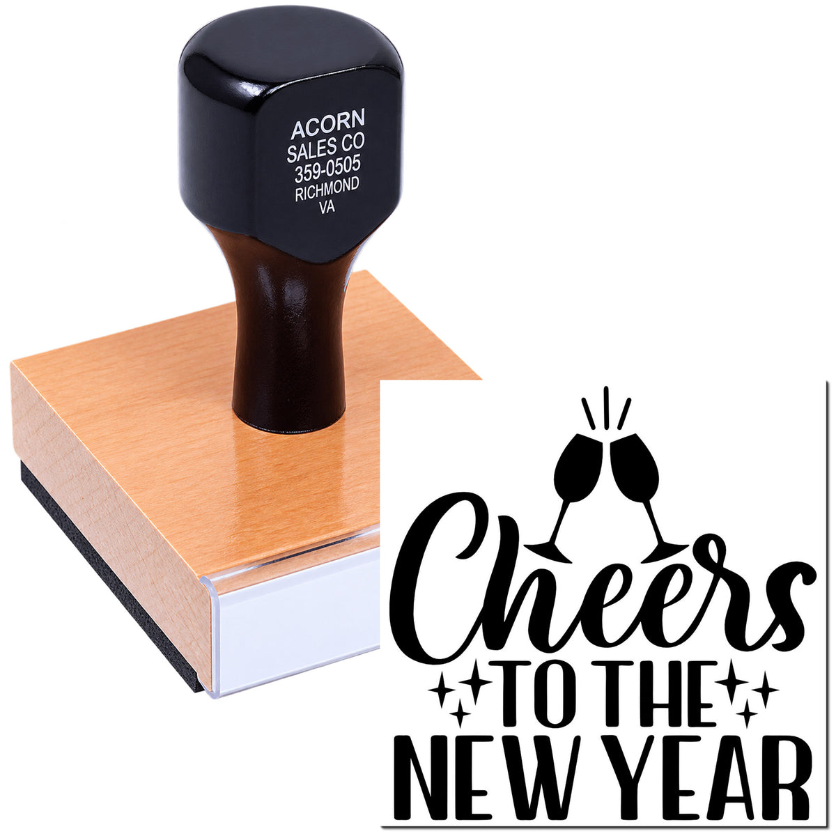 Custom holiday rubber stamp featuring Cheers to the New Year text and clinking champagne glasses design.
