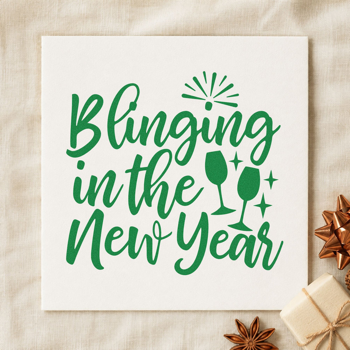 Blinging In The New Year craft stamp imprinted in green ink on paper, a design suited to framed jewelry nook.
