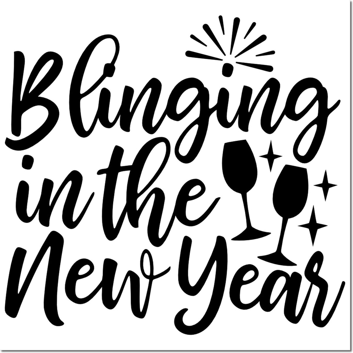 Blinging in the New Year rubber stamp design with champagne glasses, fireworks, and sparkle accents for festive party crafts.