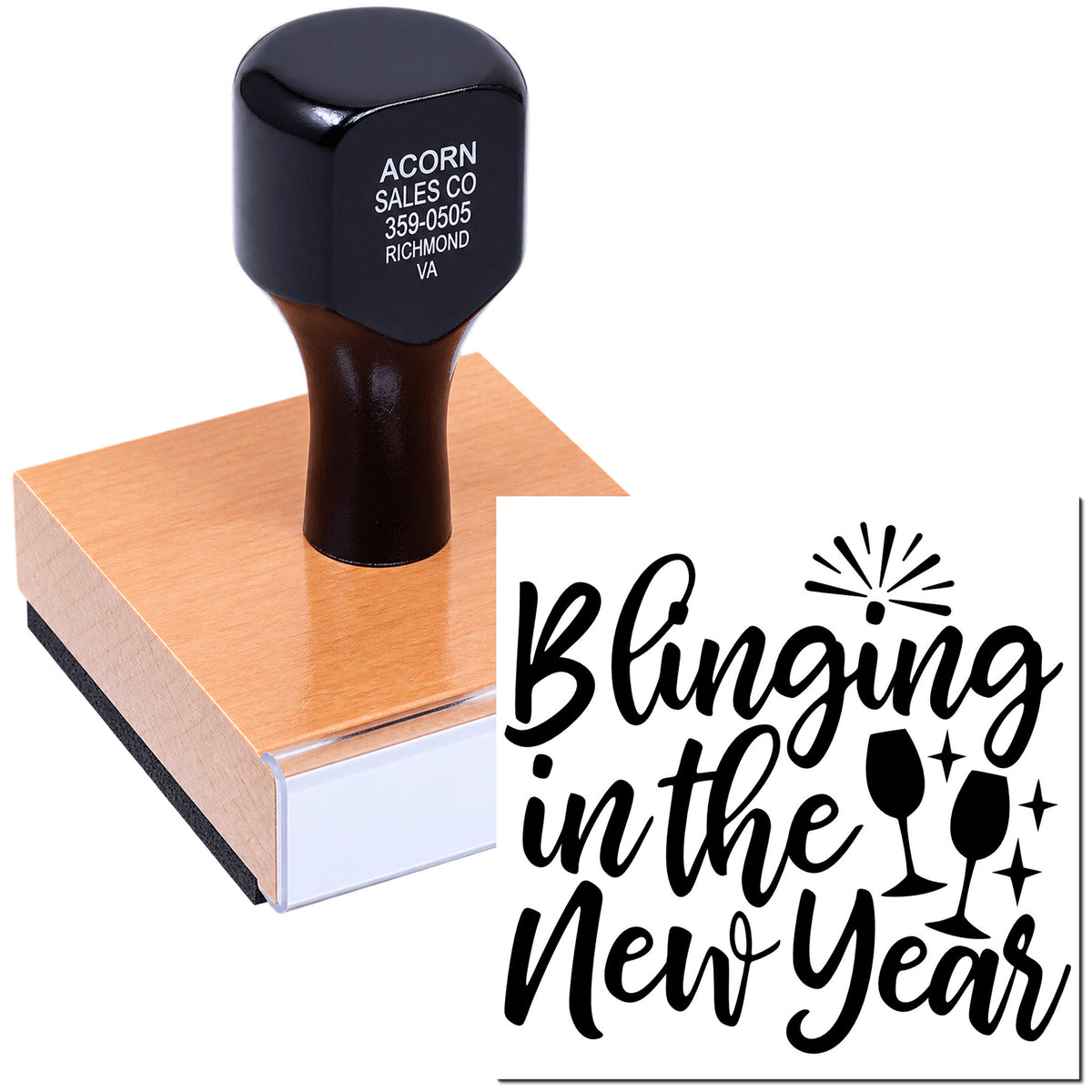 Custom rubber stamp with Blinging into the New Year design for New Year party invitations, cards, and holiday crafts.