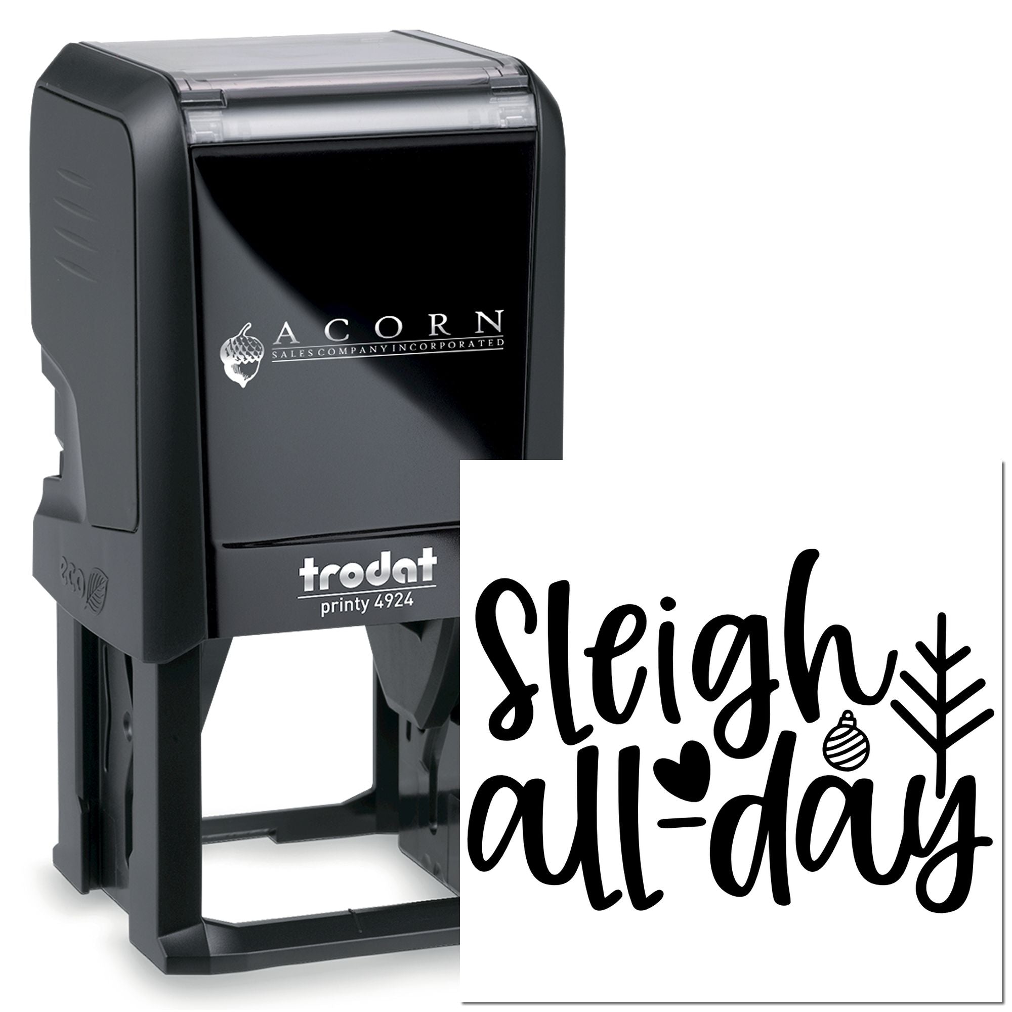 Custom self-inking rubber stamp, Trodat Printy 4924, with Sleigh all-day holiday design for festive branding.
