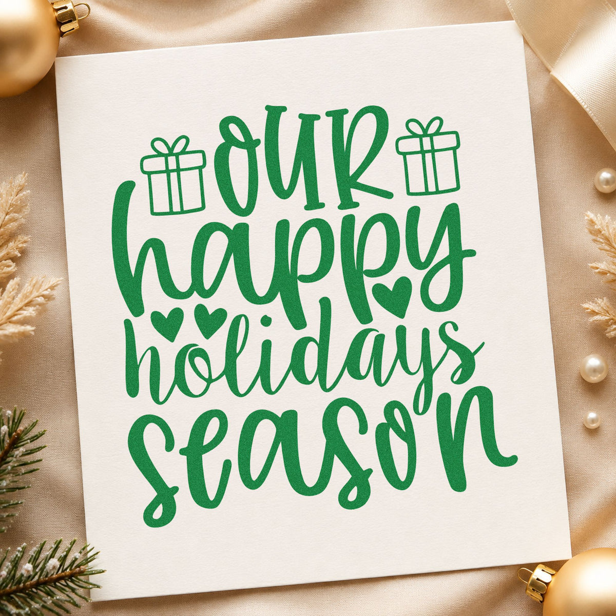 Our Happy Holidays Season craft stamp imprinted in green ink on paper, a design suited to framed hall table.