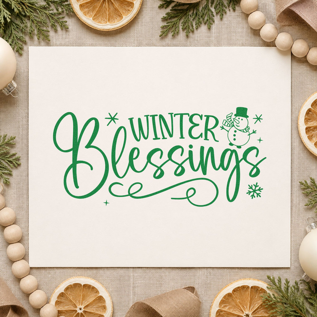 Winter Blessings Snowman Flourish craft stamp imprinted in green ink on paper, a design suited to framed prayer nook.