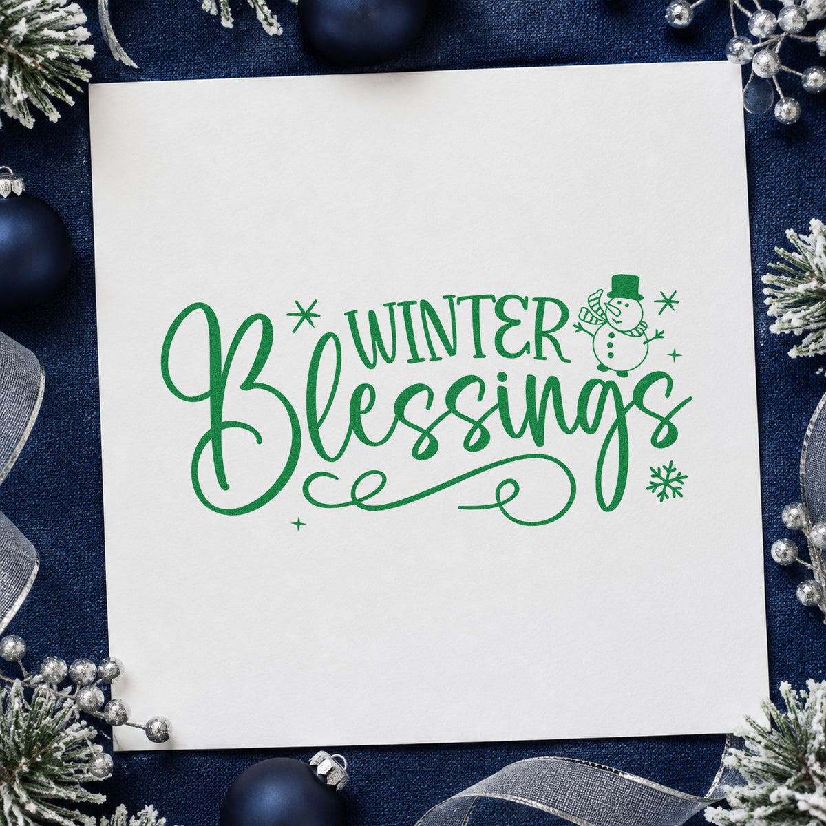 Winter Blessings Snowman Flourish craft stamp imprint in green ink on a handmade project, one idea being visit note cards.