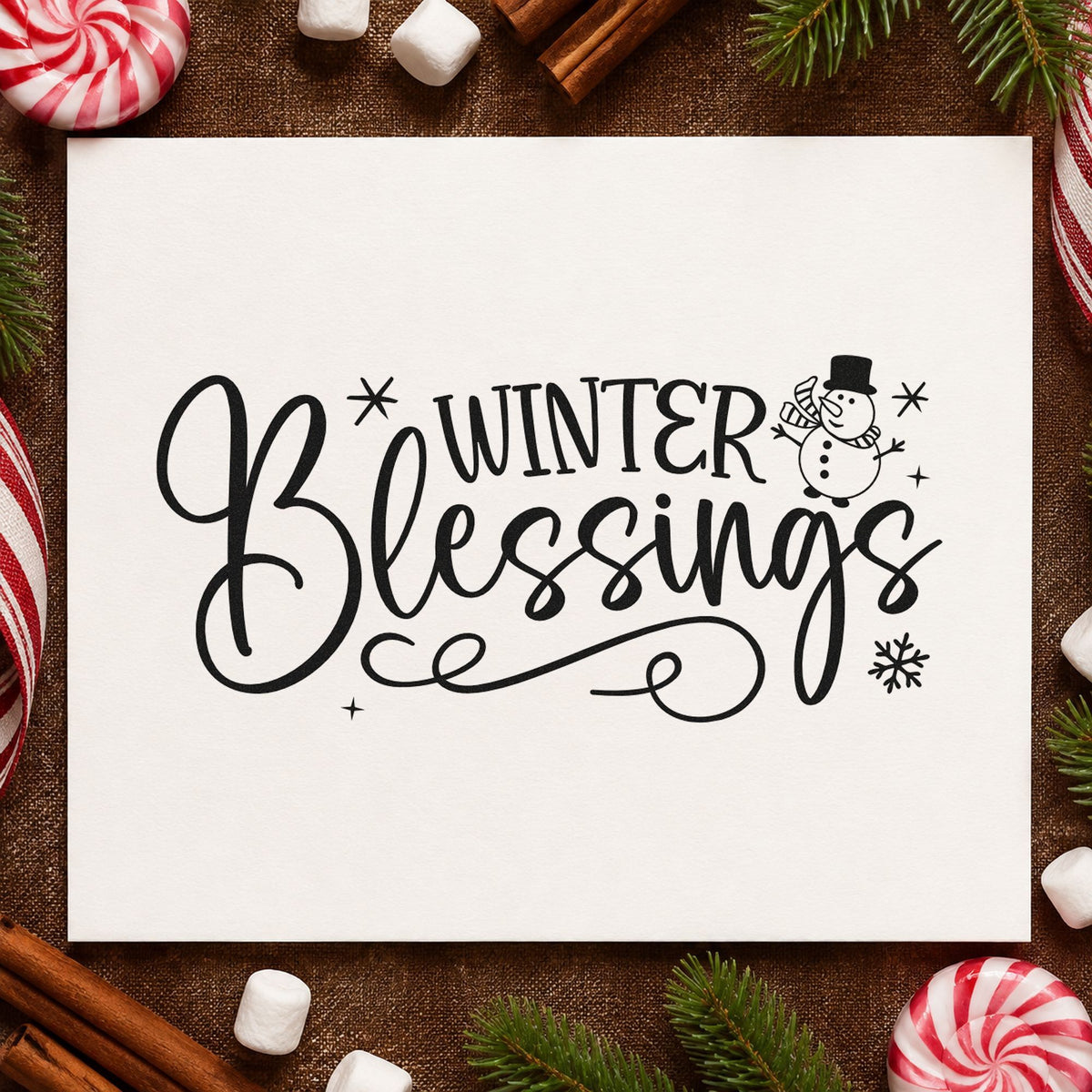 Winter Blessings Snowman Flourish rubber stamp printed in black ink, ready for winter blessings cards and similar paper crafts.