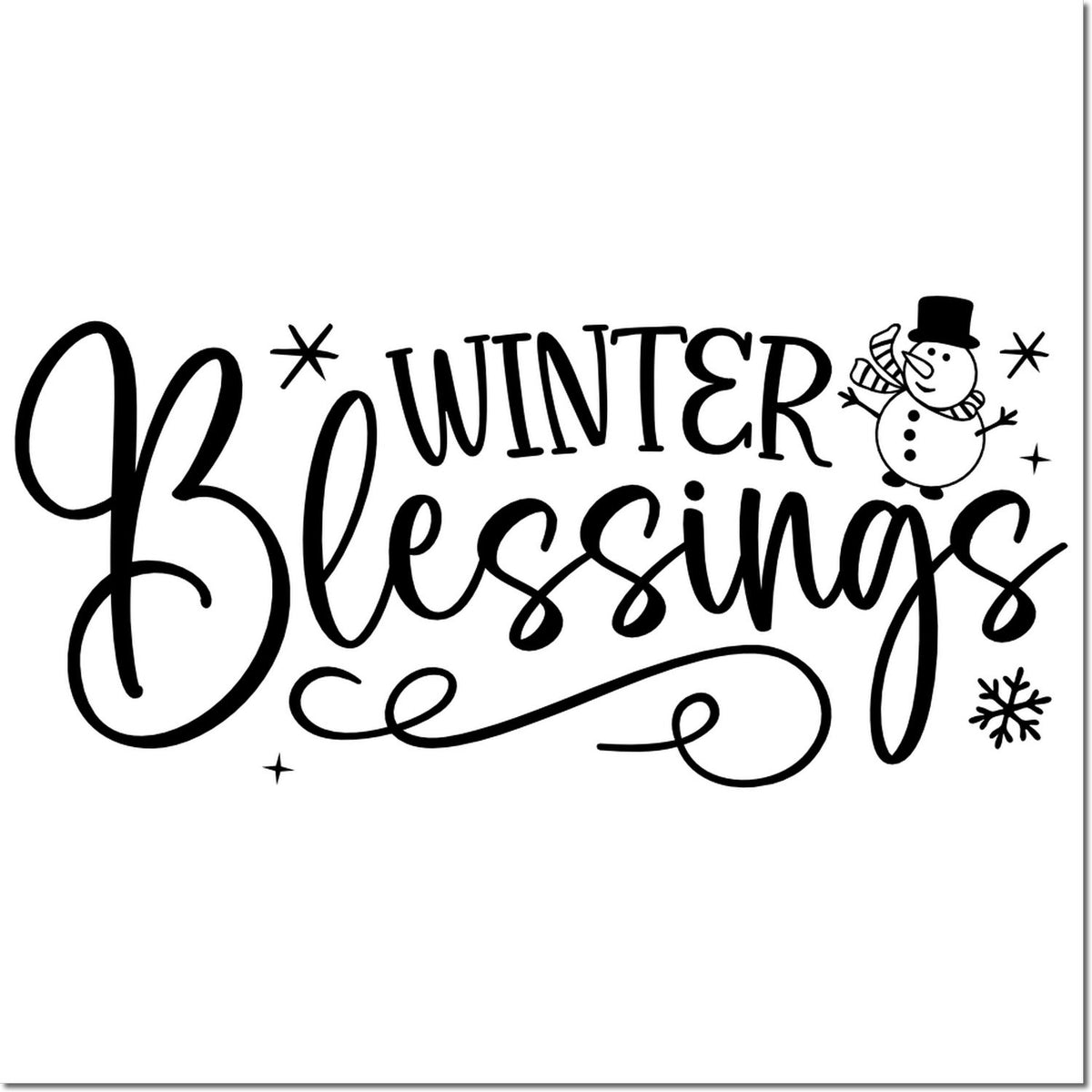 Winter Blessings rubber stamp design with snowman and snowflakes for holiday cards, crafts, and seasonal winter projects.