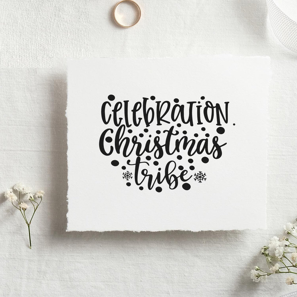 Celebration Christmas Vibes Dots Snowflakes Pre-Inked Stamp – Slim imprint stamped in black ink. The words "Celebration Christmas vibes" appear amid scattered dots and small snowflakes.