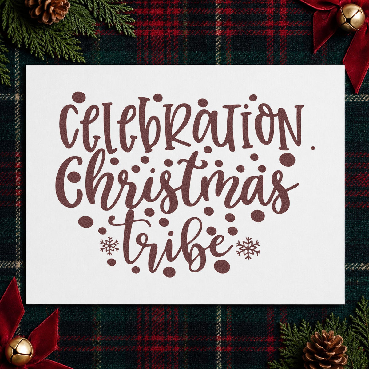 Celebration Christmas Vibes Dots rubber stamp printed in brown ink, ready for event plan sheet and similar paper crafts.