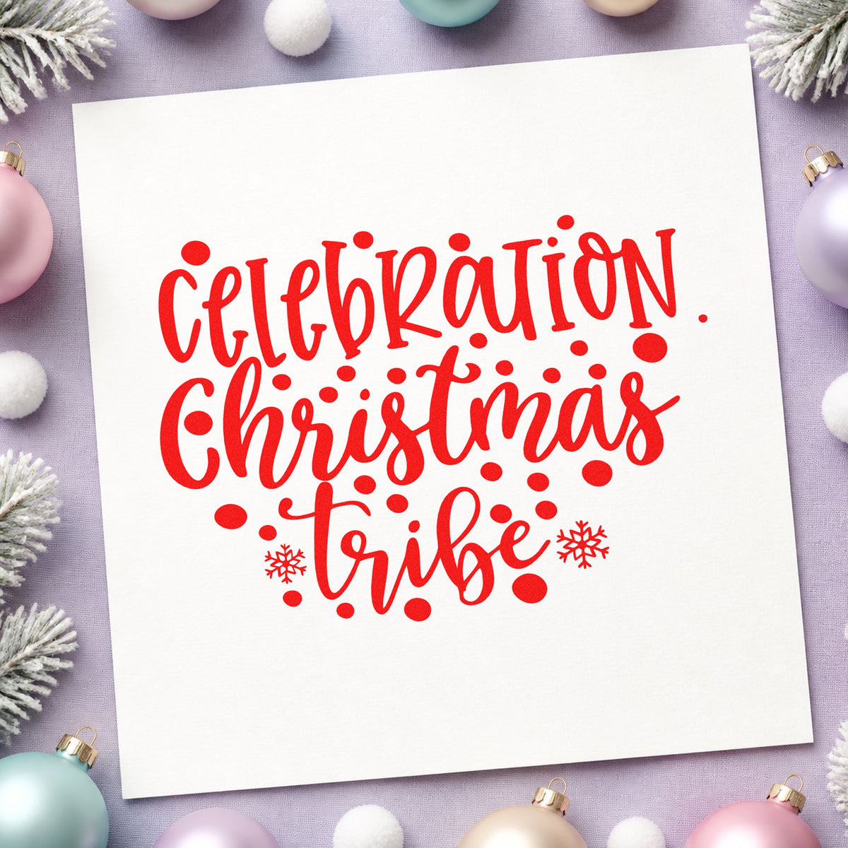 Celebration Christmas Vibes Dots rubber stamp shown in red ink, stamped for projects such as serving dish labels.