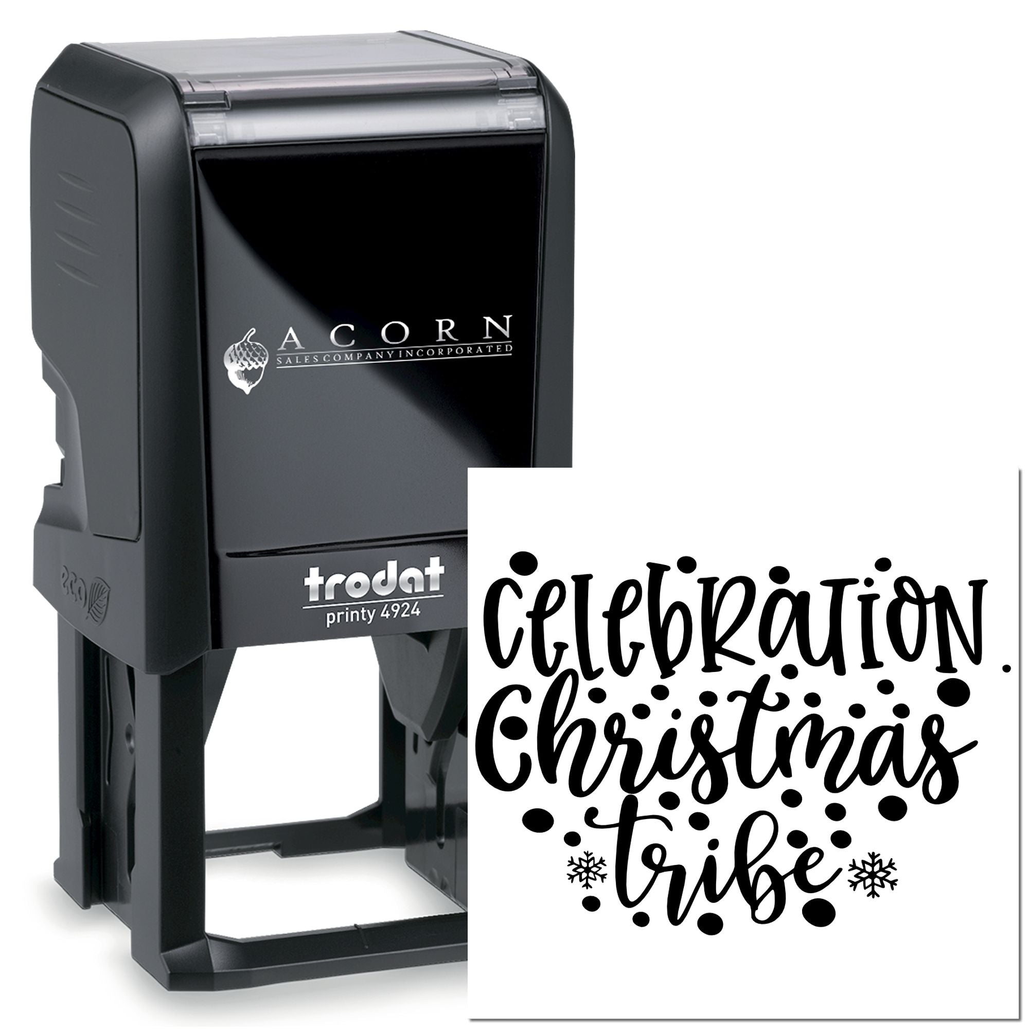 Self-inking rubber stamp with festive Celebration Christmas Tribe design for holiday cards and branding.