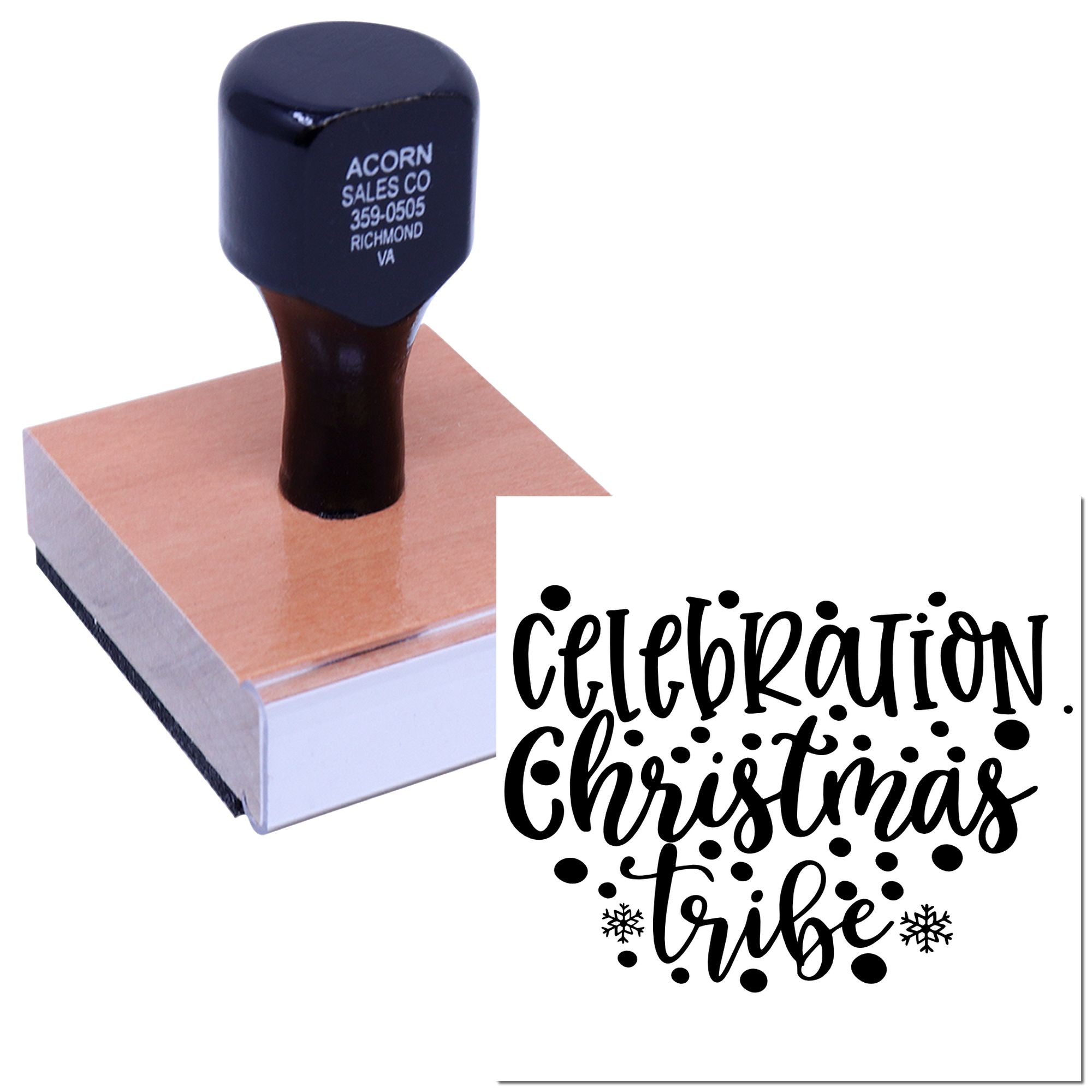 Custom wood-mounted rubber stamp with Celebration Christmas Tribe design for festive holiday cards and crafts.