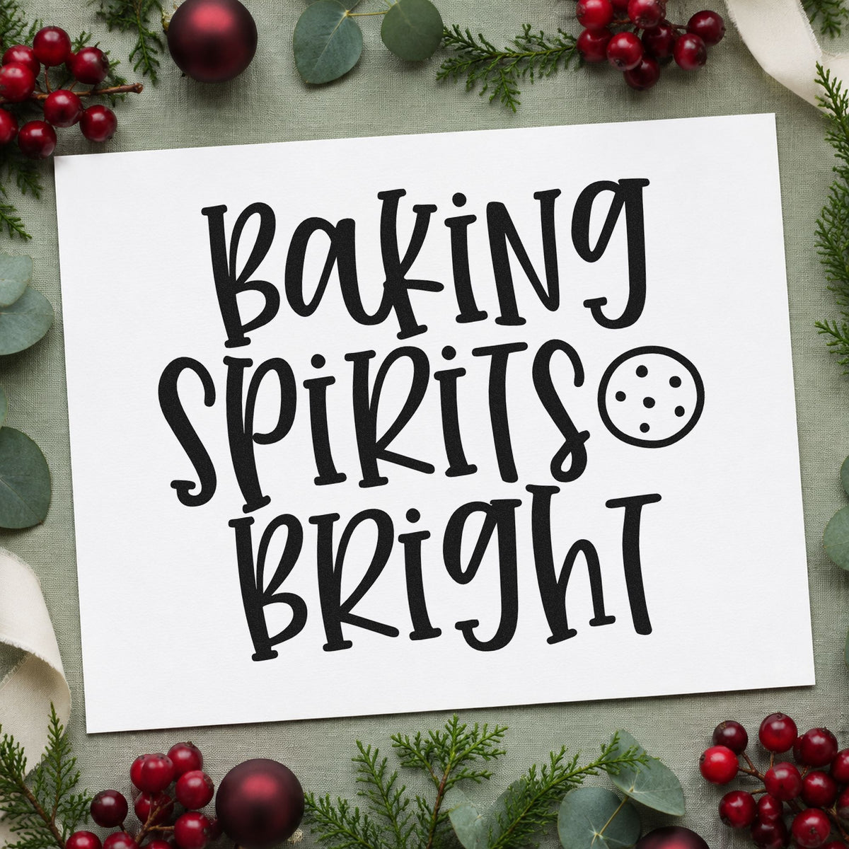 Baking Spirits Bright Cookie rubber stamp printed in black ink, ready for chip cookie cards and similar paper crafts.