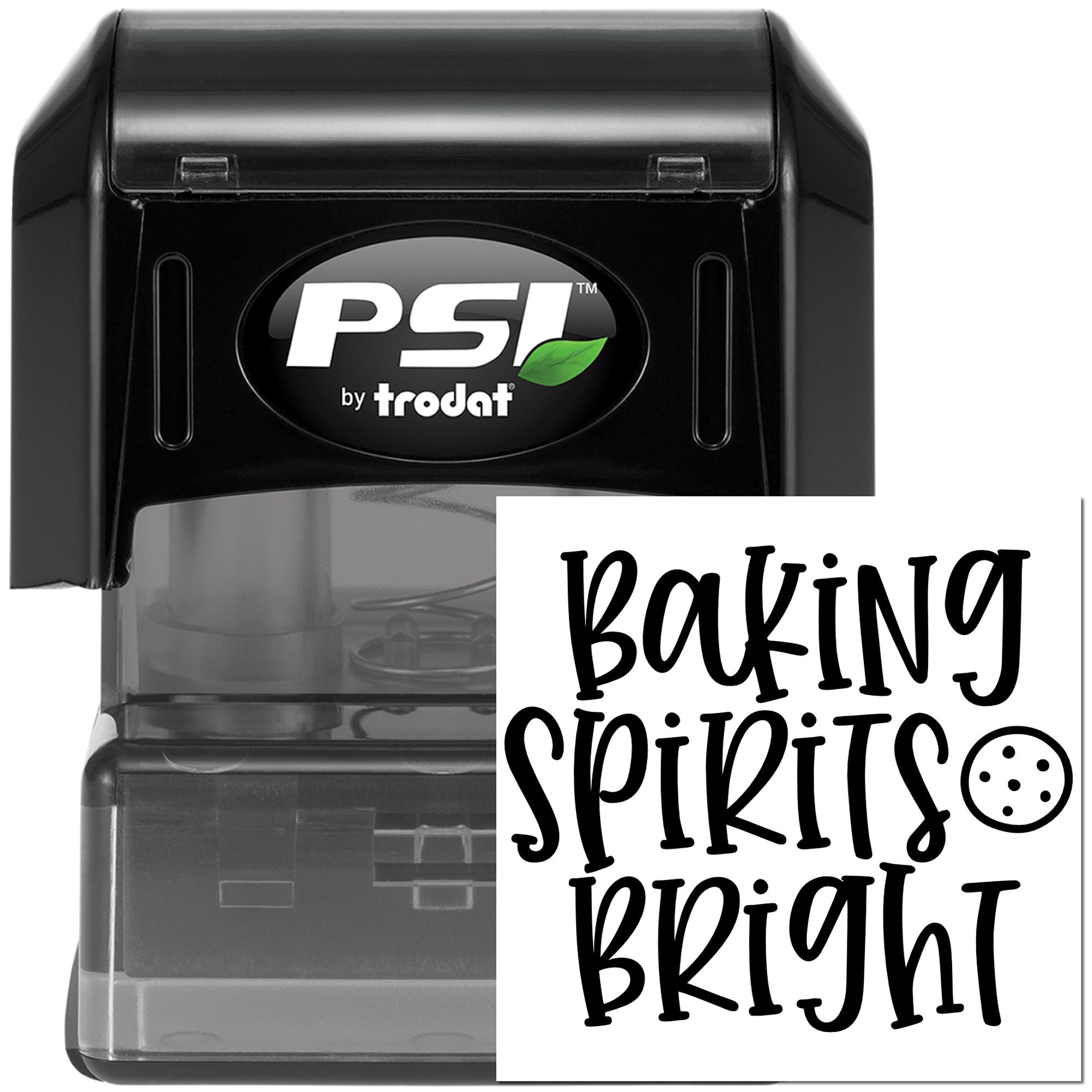 PSI by Trodat self-inking custom rubber stamp with Baking Spirits Bright holiday bakery impression.