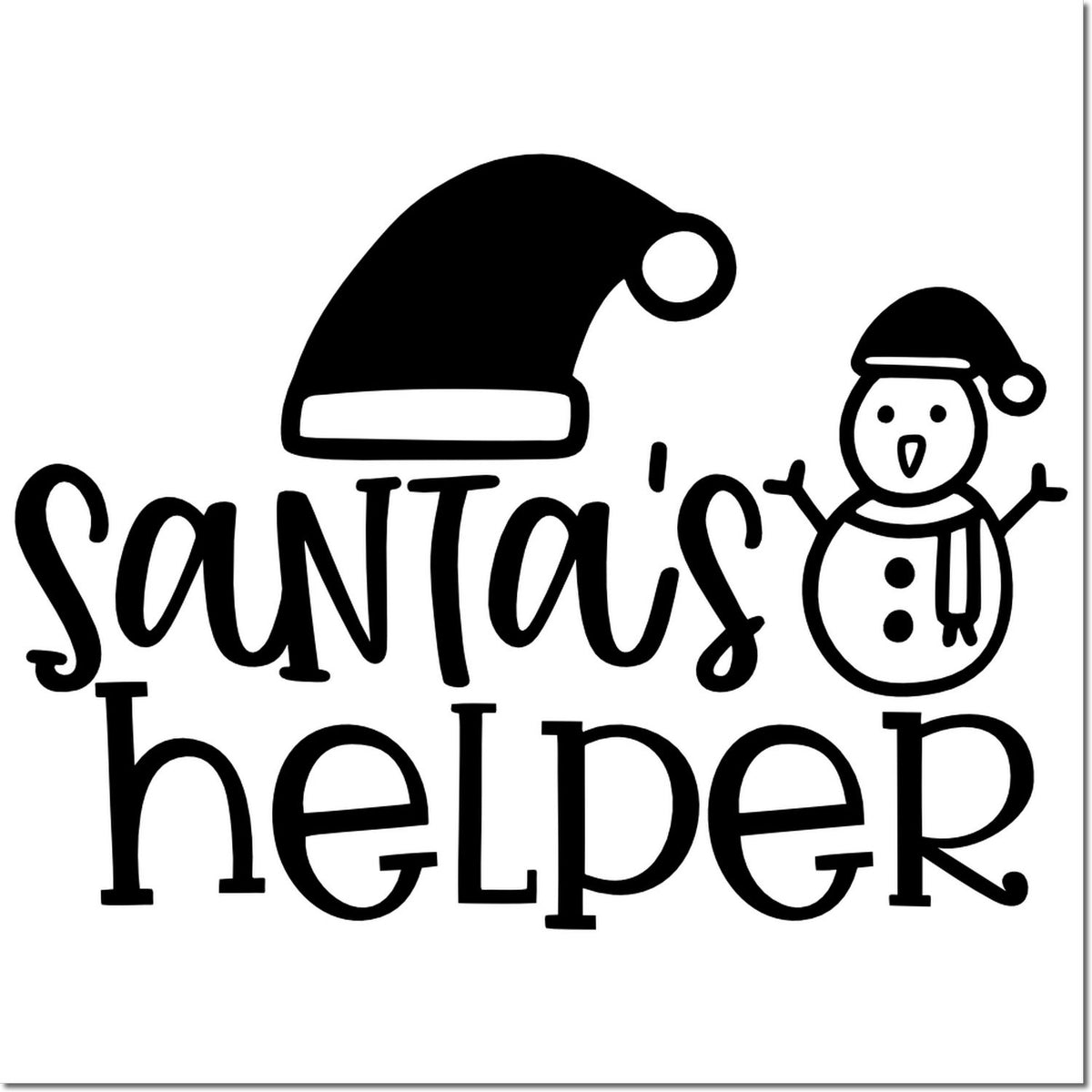 Santas helper snowman rubber stamp design with Santa hat and festive holiday lettering for Christmas crafts.