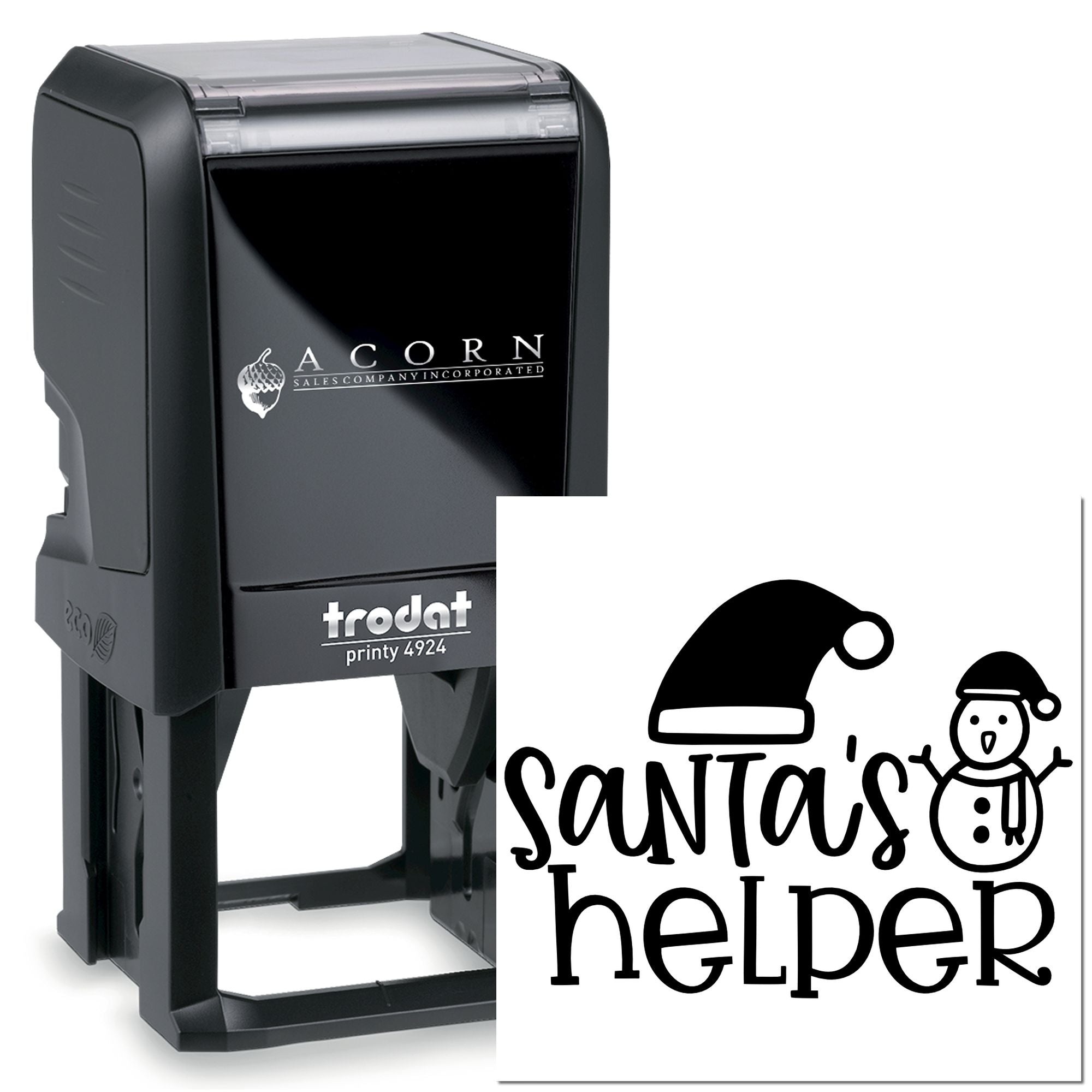 Custom self-inking Trodat Printy 4924 rubber stamp with Santas helper holiday design for festive packaging and mail.