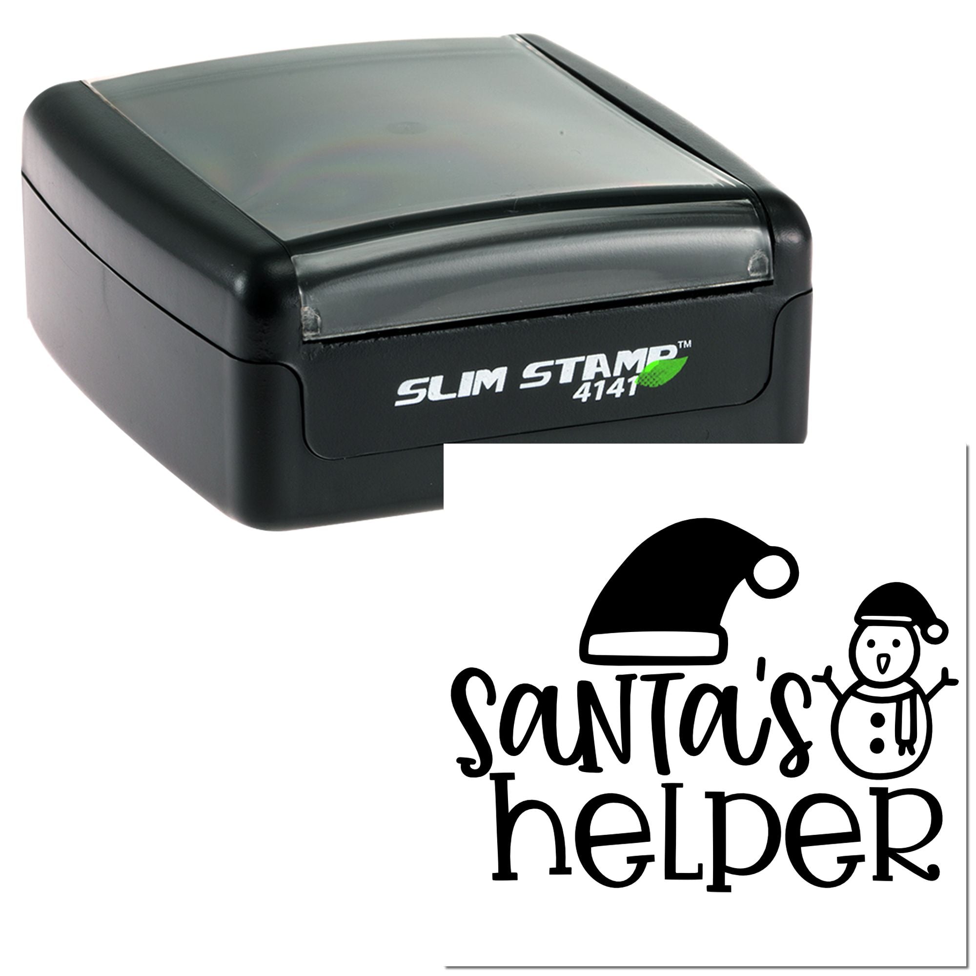 Custom self-inking rubber stamp with Santa's Helper holiday design and snowman graphic, Slim Stamp 4141.
