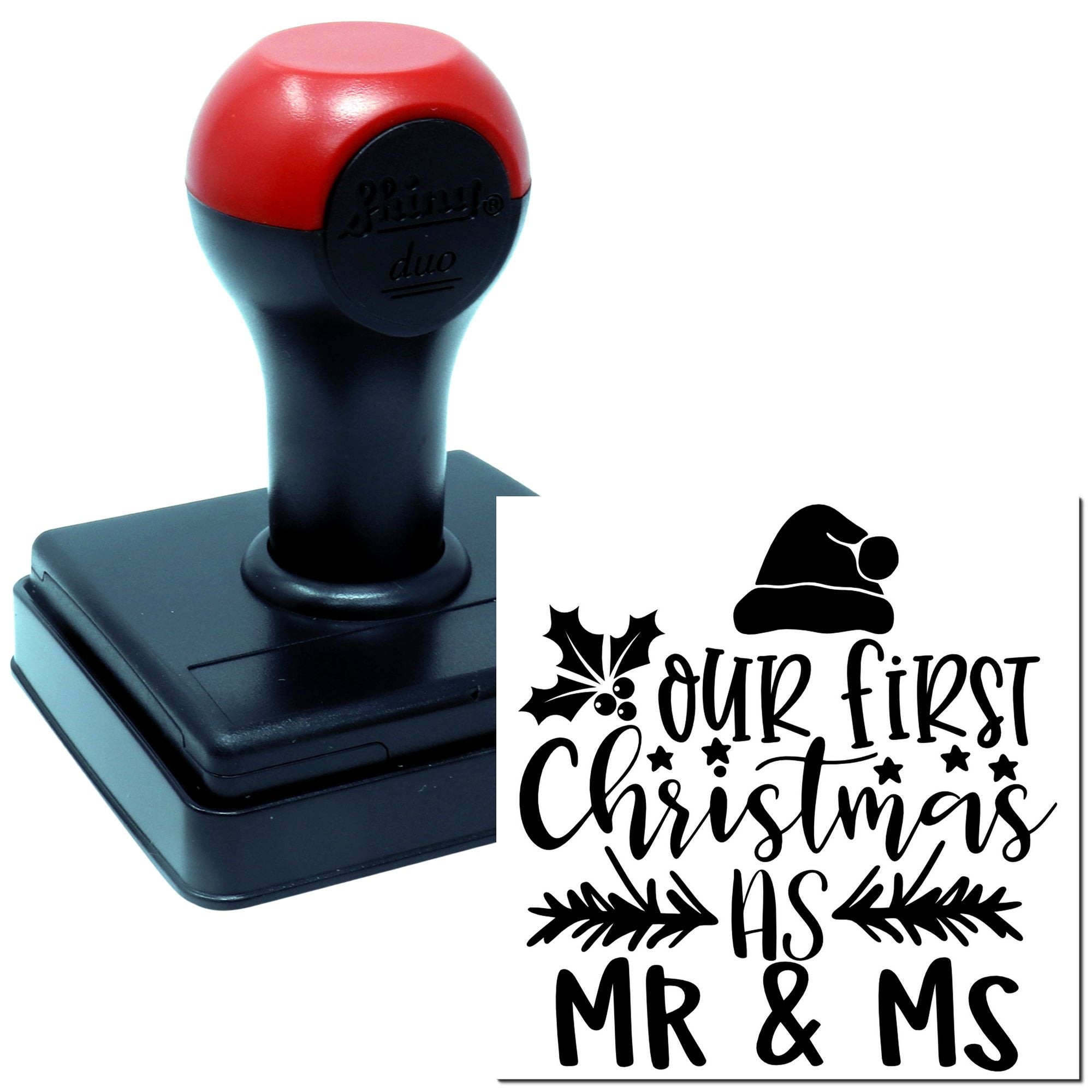 Self-inking rubber stamp with "Our First Christmas as Mr & Ms" holiday wedding design for personalized cards.