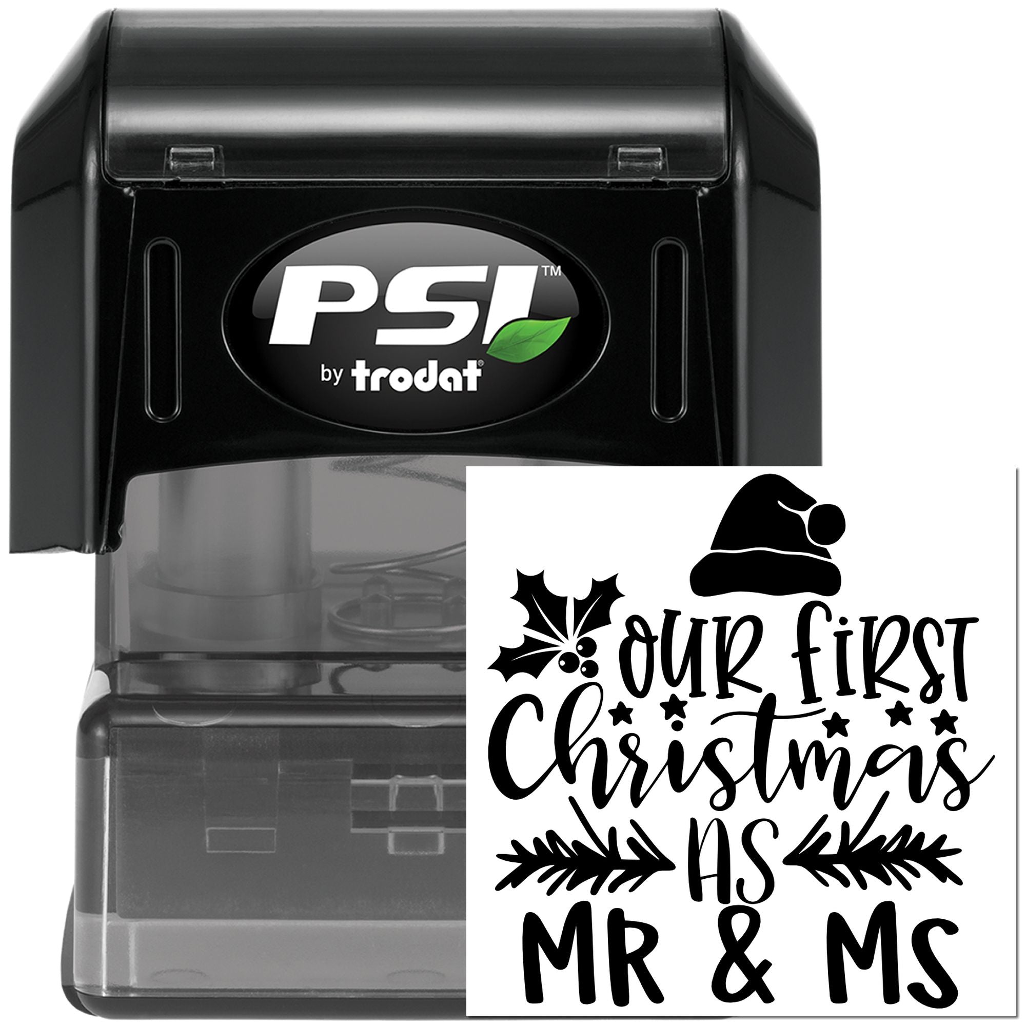 Custom self-inking Christmas wedding rubber stamp for our first Christmas as Mr & Ms, PSI by Trodat.