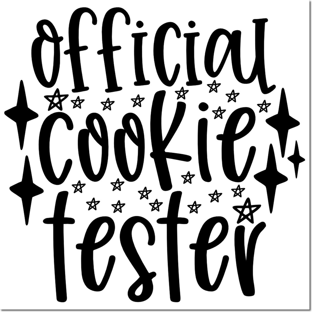 Official Cookie Tester rubber stamp design with stars, perfect for bakeries, kitchen labels, and fun baking gifts.