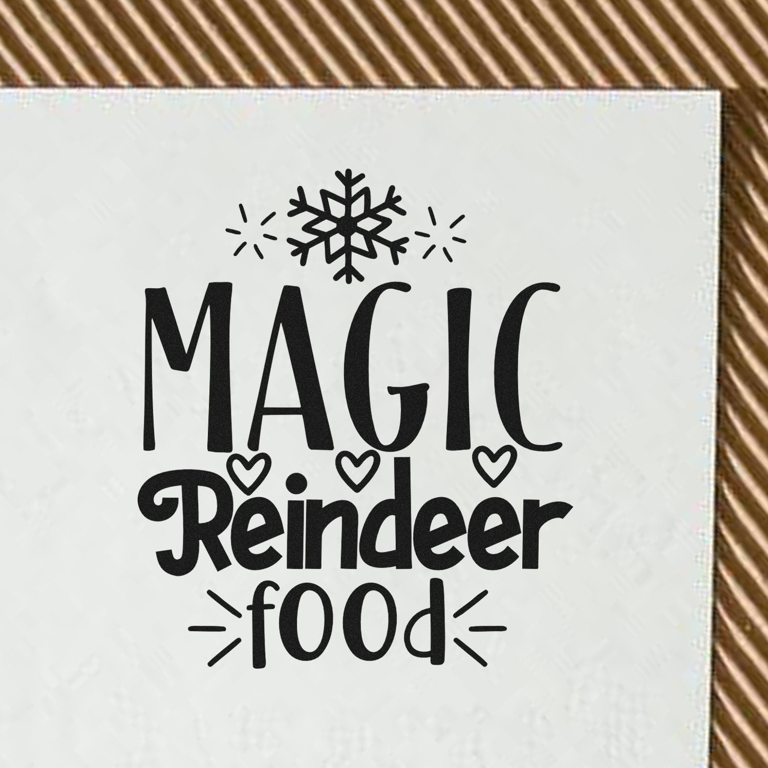 Magic Reindeer Food rubber stamp design with snowflake and hearts, perfect for Christmas craft packaging, tags, and holiday gifts.