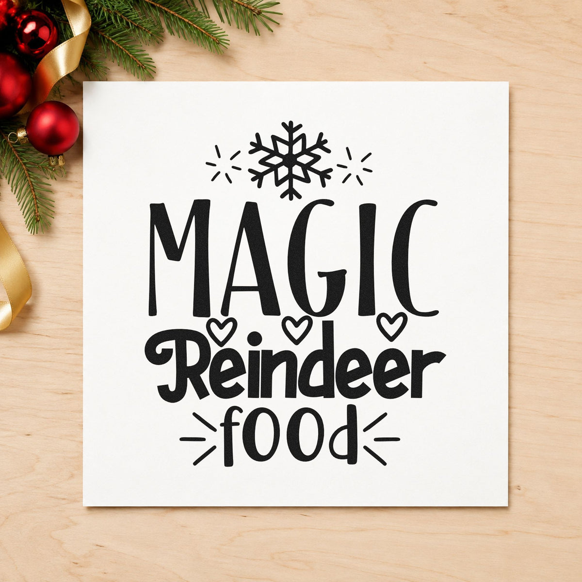 Magic Reindeer Food Snowflake rubber stamp printed in black ink, ready for reindeer food cards and similar paper crafts.