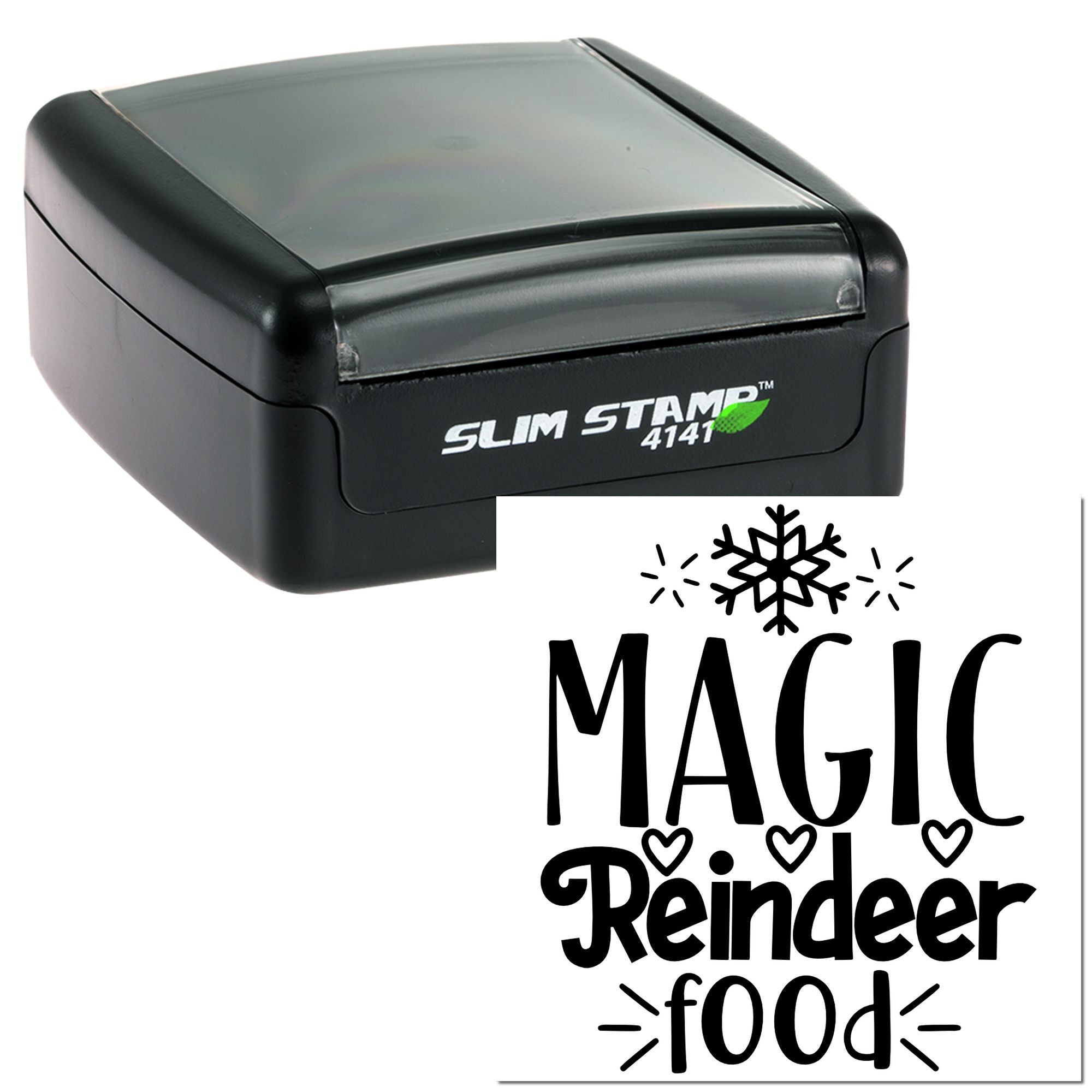 Custom self-inking rubber stamp for Magic Reindeer Food holiday labels, featuring snowflake and heart accents.