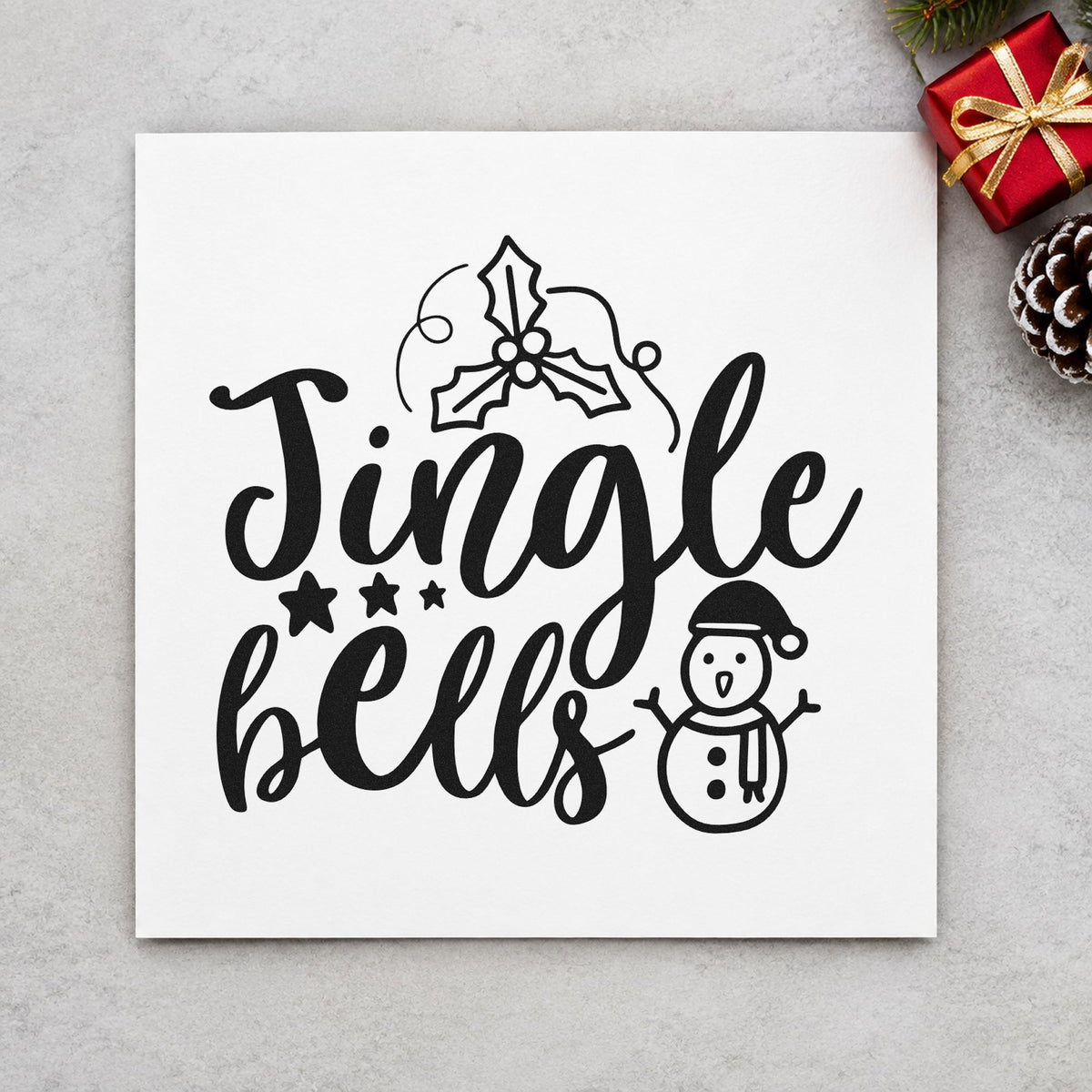 Jingle Bells Holly Snowman rubber stamp printed in black ink, ready for holly above cards and similar paper crafts.