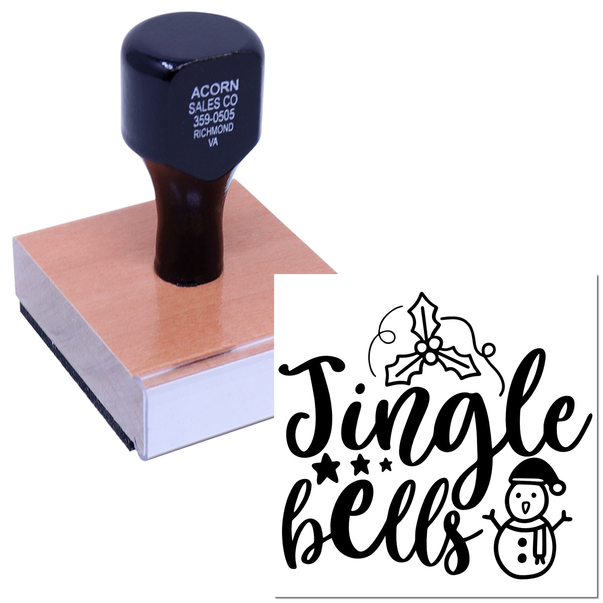 Custom wooden rubber stamp with festive Jingle Bells design for holiday cards, crafts, and business branding.