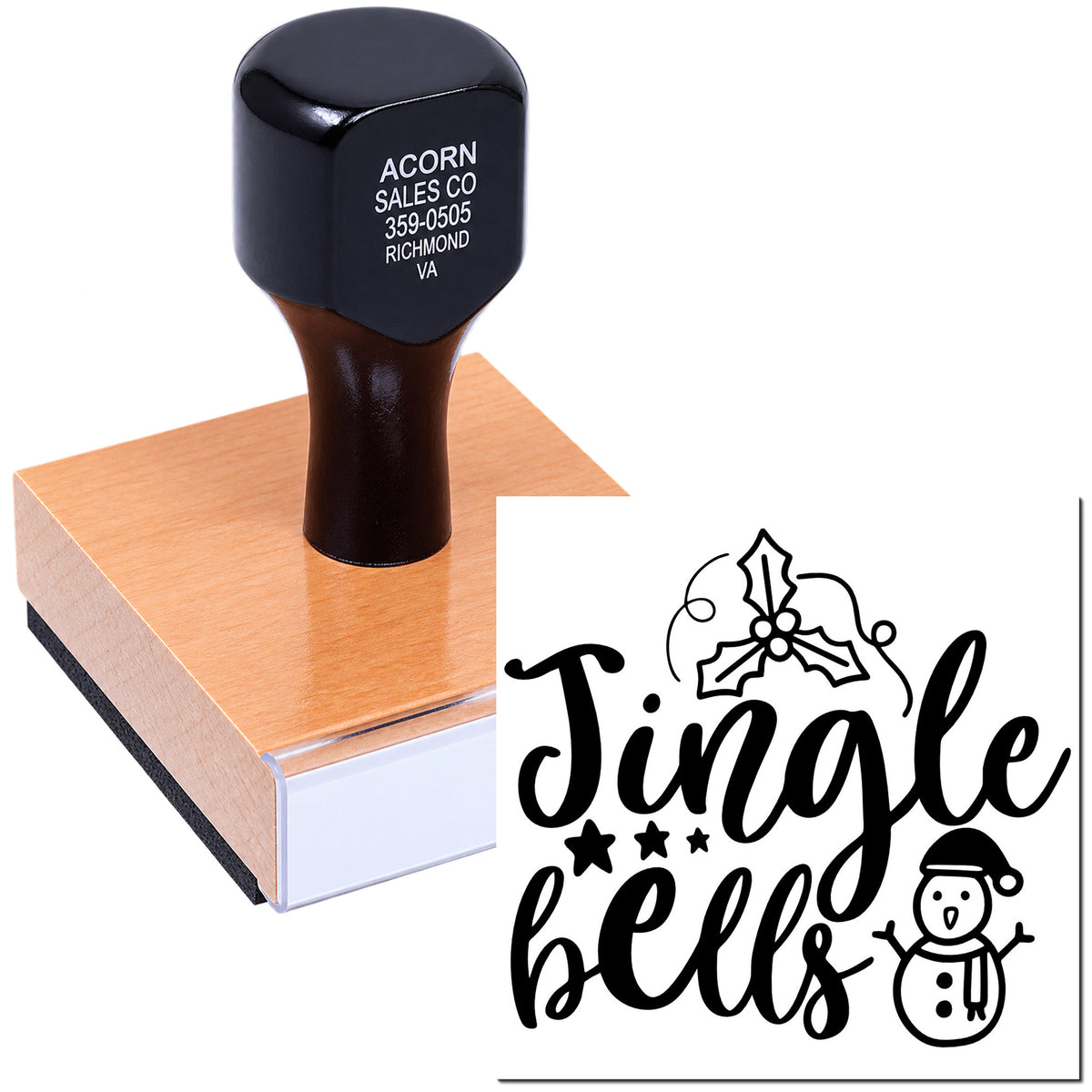 Custom wooden rubber stamp with festive Jingle Bells design for holiday cards, crafts, and business branding.