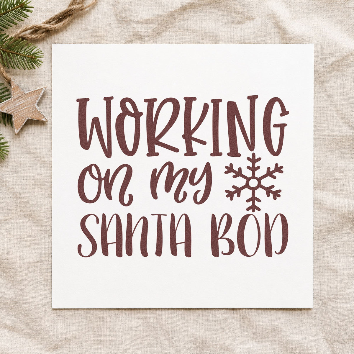 Working On My Santa Bod rubber stamp printed in brown ink, ready for recipe round sheet and similar paper crafts.