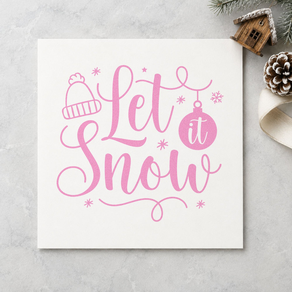 Let It Snow Winter Hat craft stamp in purple ink on cardstock, an easy option for shop display album.