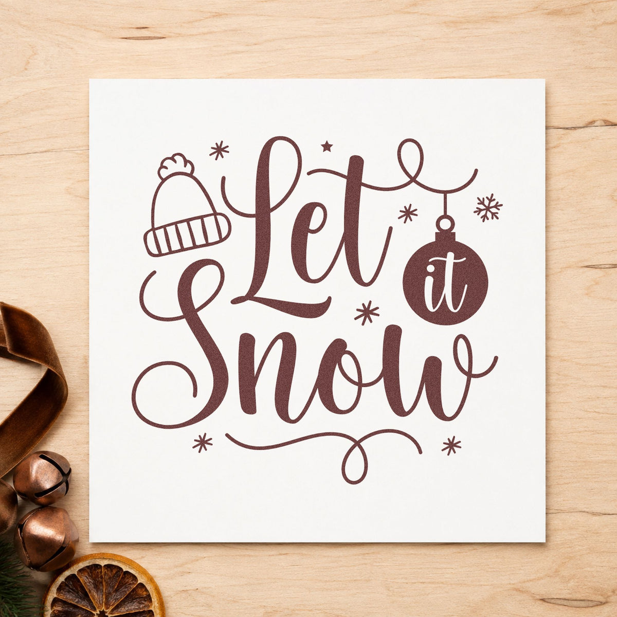 Let It Snow Winter Hat rubber stamp printed in brown ink, ready for stock order sheet and similar paper crafts.