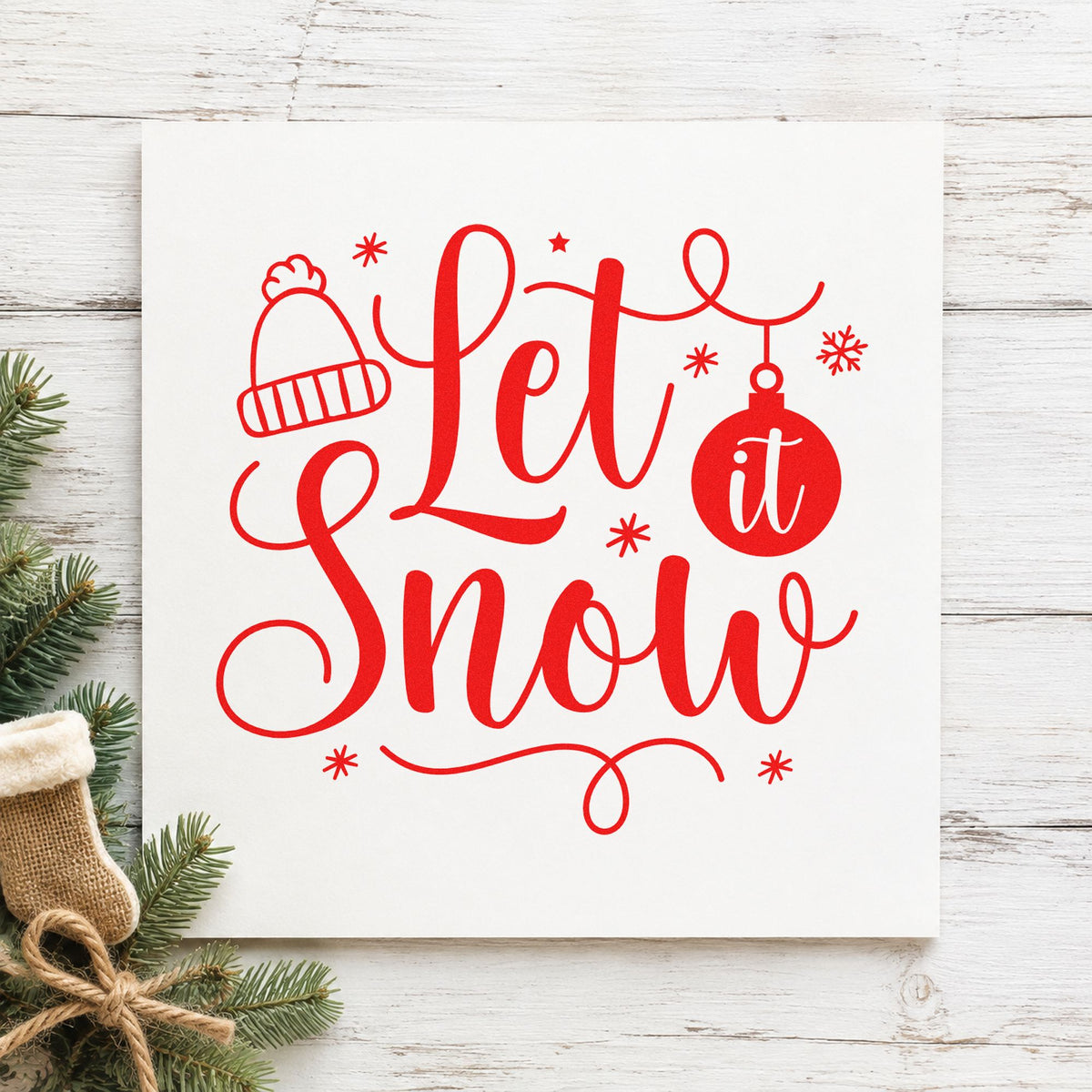 Let It Snow Winter Hat craft stamp in red ink on cardstock, an easy option for shop tote printing.