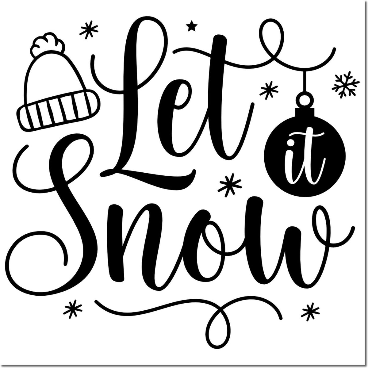 Let It Snow winter holiday rubber stamp design with beanie, ornament, and snowflakes for festive card making