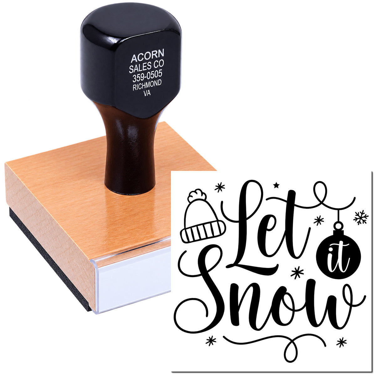 Let It Snow rubber stamp with winter hat and ornament design for holiday cards, crafts, and seasonal packaging.