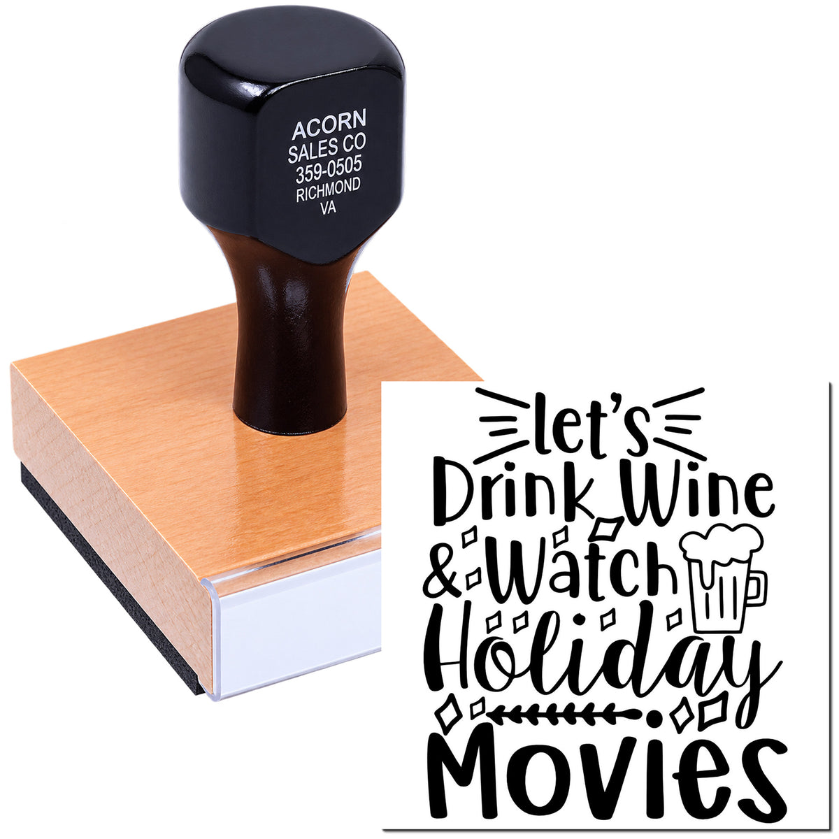 Custom rubber stamp with Lets Drink Wine & Watch Holiday Movies design for festive Christmas crafts and cards.