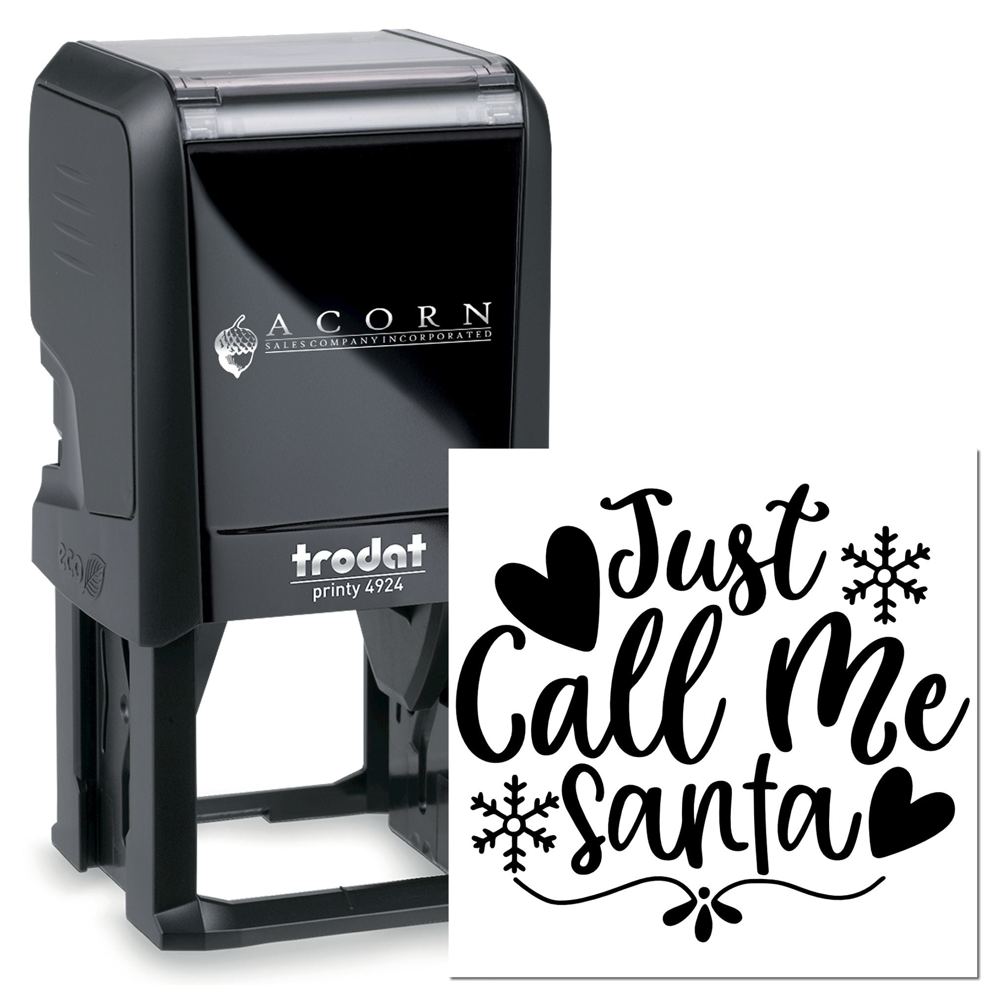 Custom Trodat self-inking rubber stamp with Just Call Me Santa design for holiday cards, crafts, and festive branding.
