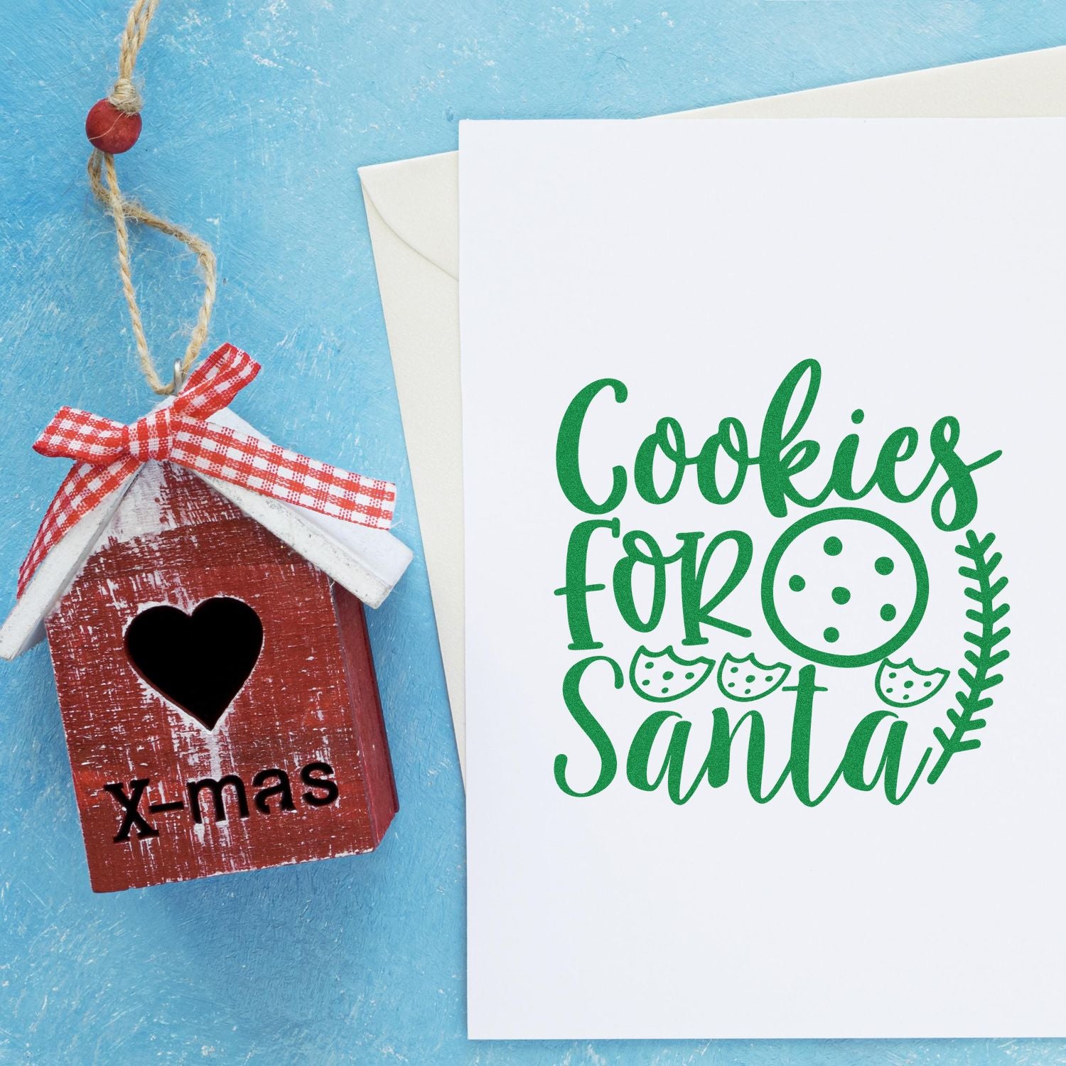 Cookies for Santa Christmas rubber stamp design on a holiday card beside a handmade x-mas birdhouse ornament.