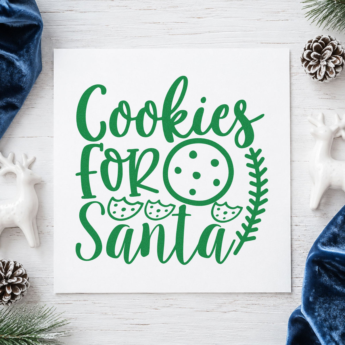 Cookies For Santa Cookie Row craft stamp imprint in green ink on a handmade project, one idea being plate order cards.