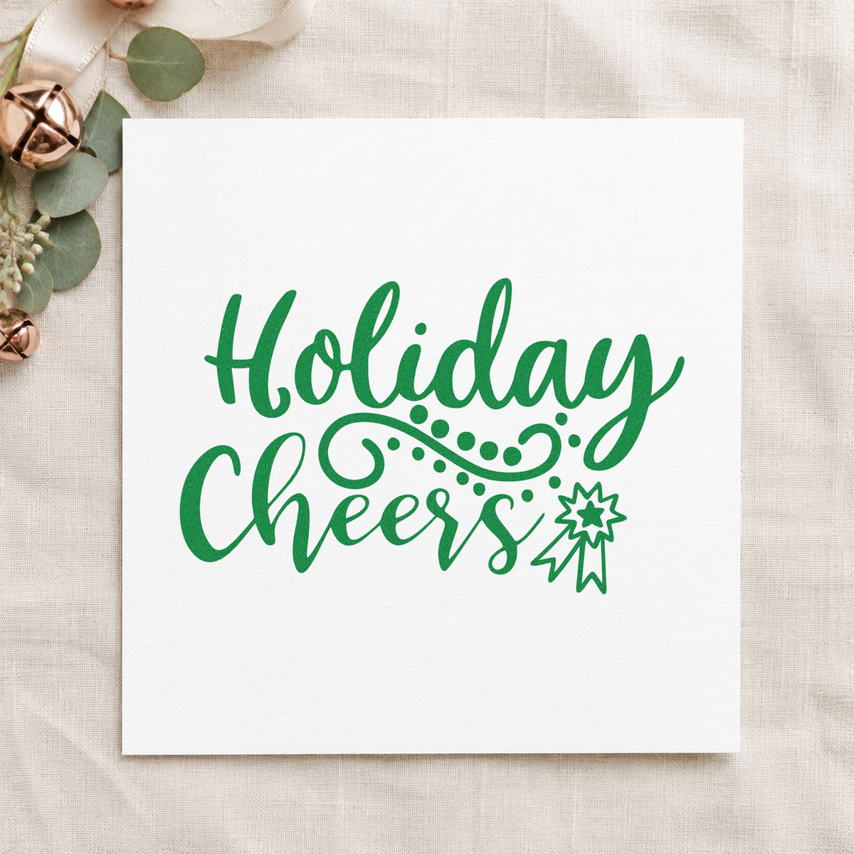 Holiday Cheers Starburst Flourish craft stamp imprinted in green ink on paper, a design suited to framed sideboard ledge.
