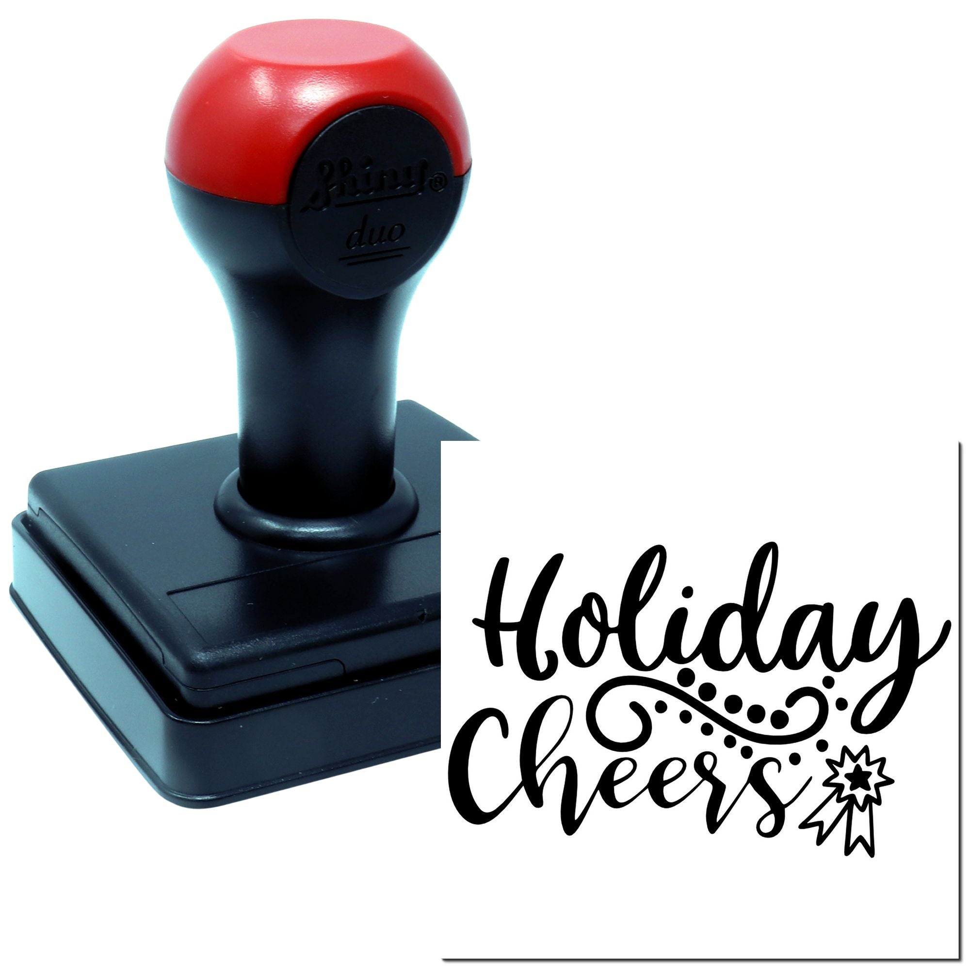 Holiday Cheers self-inking rubber stamp with decorative script, ideal for festive cards, packaging, and holiday crafts.
