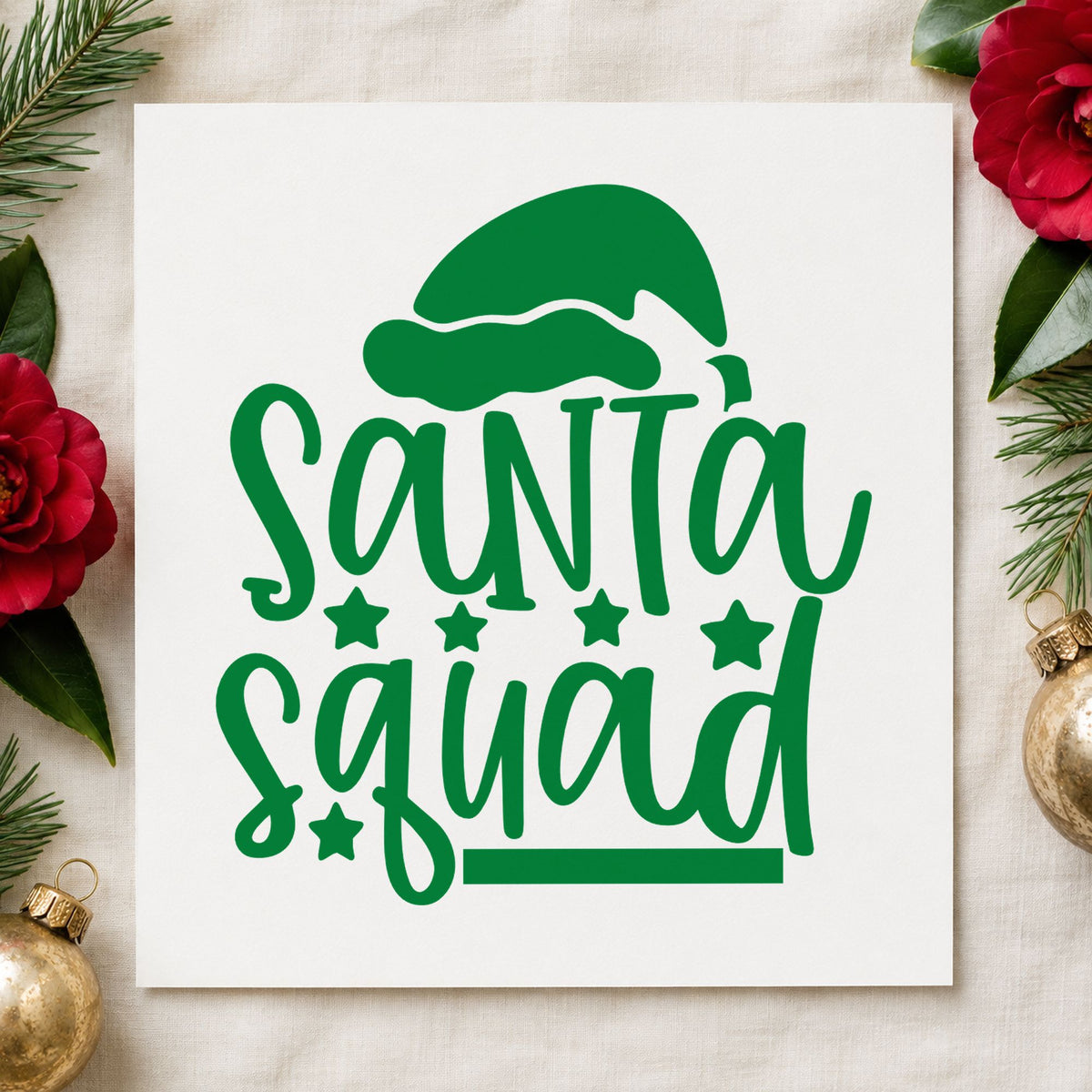 Santa Squad Hat Stars craft stamp imprint in green ink on a handmade project, one idea being meetup order cards.